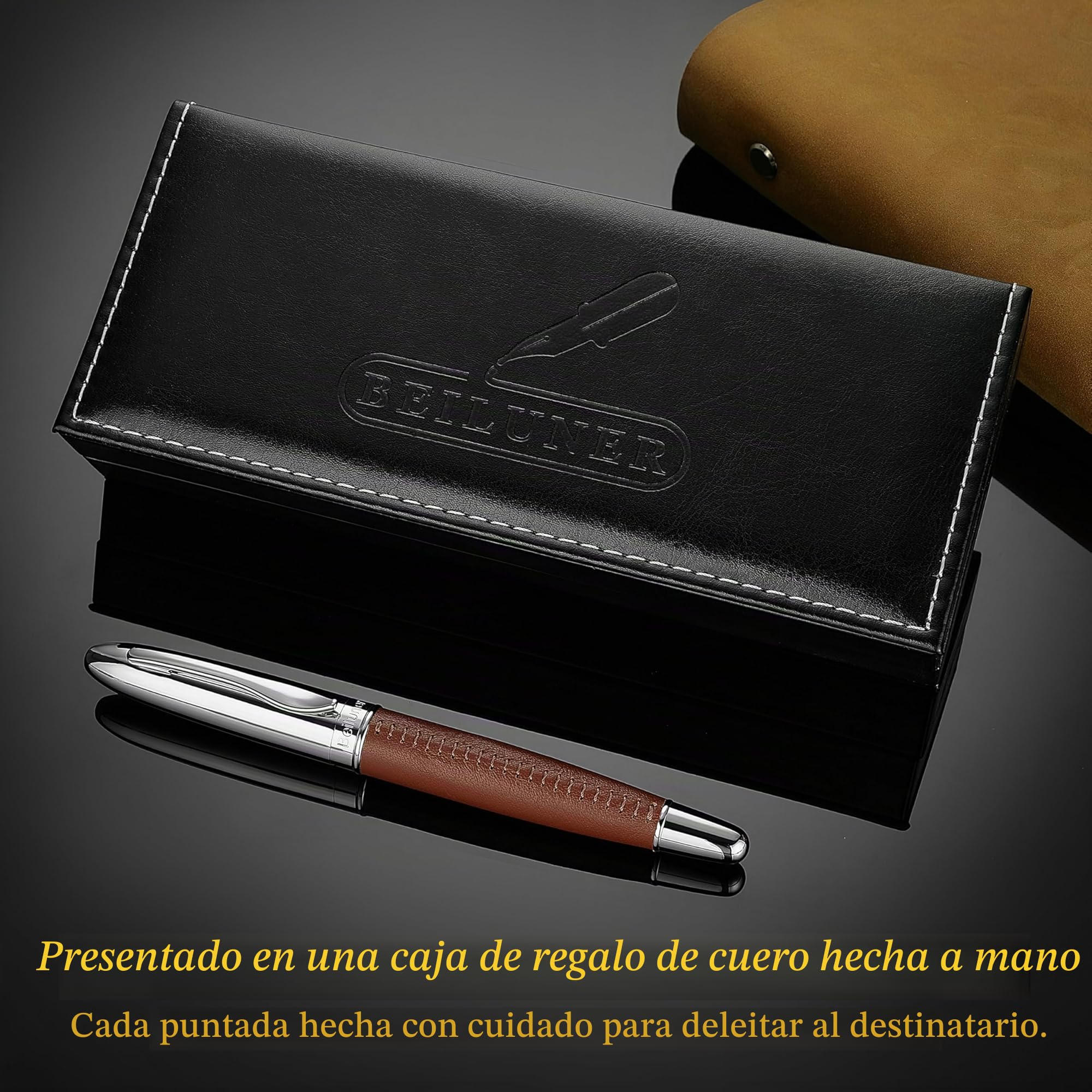 BEILUNER 318 Bolígrafo Roller de Lujo en Piel, Pelle Premium Cosida a Mano & Acabado Cromado, Recambio Schmidt, Mejor Set de Regalo Ejecutivo para Hombre y Mujer, Pluma Rellenable - Marrón