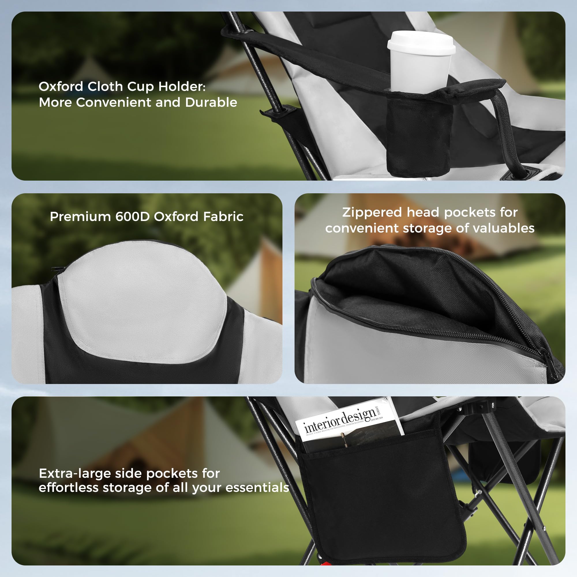 OUTSIDER Lot de 2 chaises de camping à 3 positions pour adultes – Support de 160 kg avec poche supérieure et latérale, porte-gobelet, réglable en 3 étapes, chaise de pêche en plein air pour camping