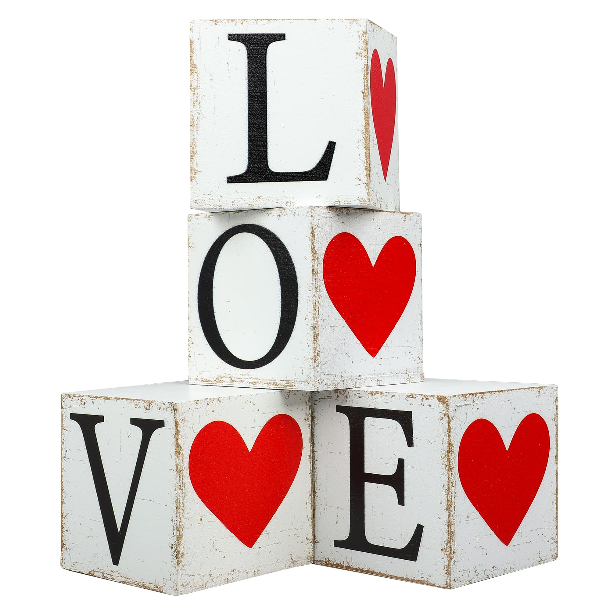 Valentine's Day Wooden Decoration Love Heart Wooden Block Sign Rustic Love Tabletop Centerpiece Double-sided Valentines Tiered Tray Decor for Wedding Party Home Kitchen Table Decor, 4 Pcs