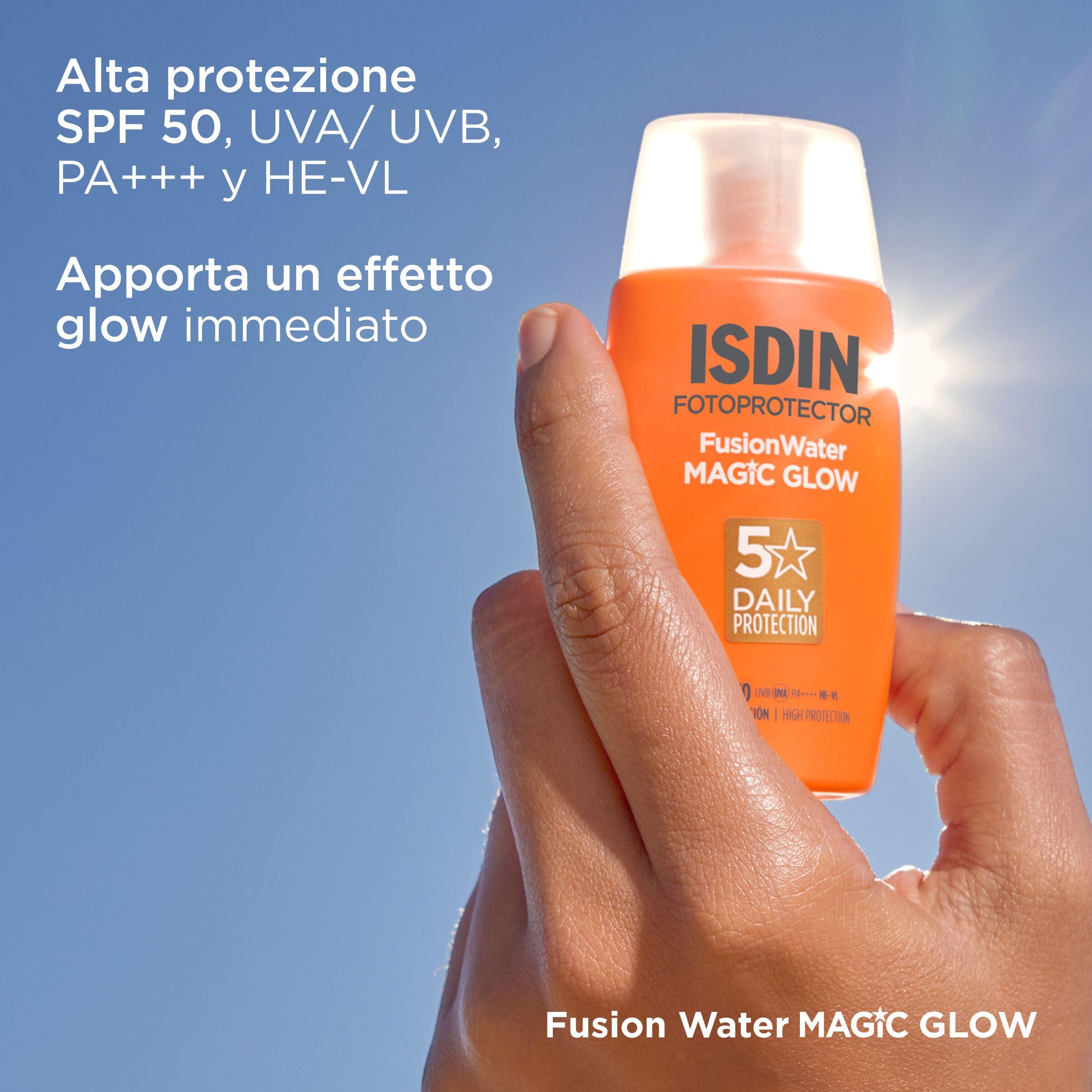 ISDIN Fotoprotector Fusion Water MAGIC Glow (50 ml) | Crema Solare Viso con Effetto Illuminante Glow | Leggera e Fase Esterna Acquosa