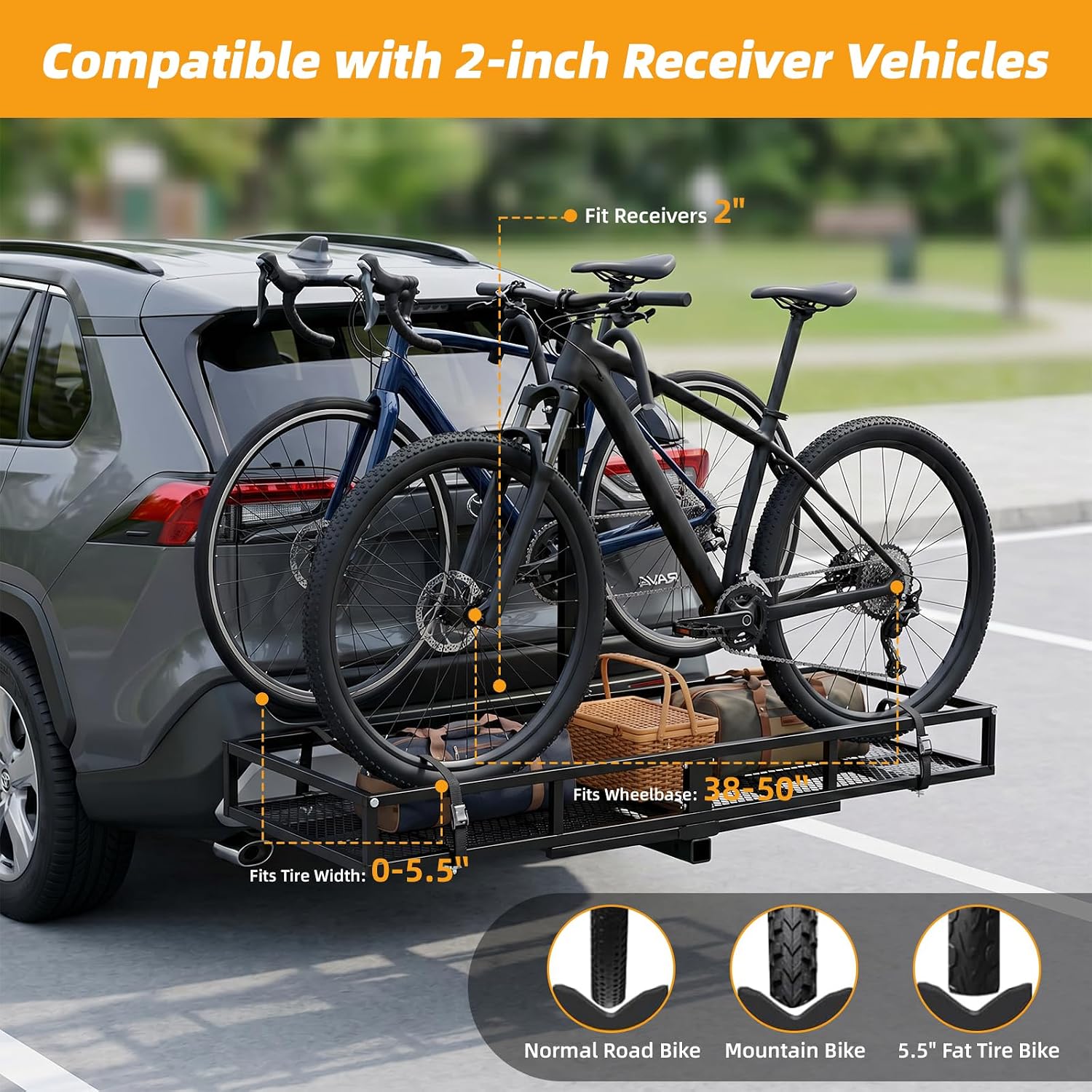 Bike Rack Hitch for Standard, Fat Tire and Ebike Heavy-Duty, Hitch Cargo Carrier Fits 5.5" Fat Tire, 350LBS Capacity with Hitch Stabilizer, Fits 2" Receiver, Bike Rack for Car, Truck, SUV, RV