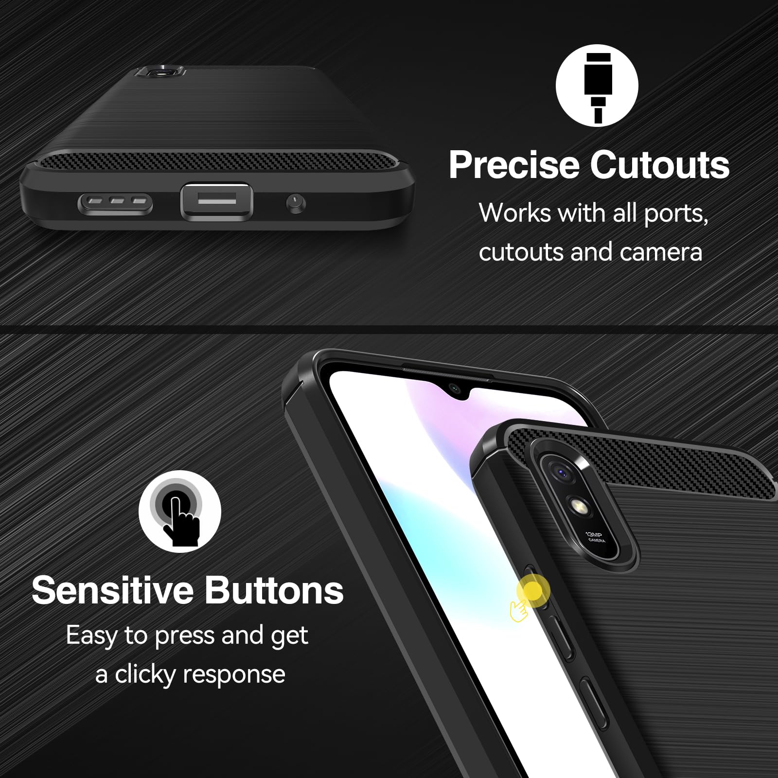 iVoler Cover per Xiaomi Redmi 9A / Xiaomi Redmi 9AT con 3 Pezzi Vetro Temperato, [Antiurto di Grado Militare] Protettiva Custodia, Sottile Morbida in Silicone TPU Anti-Graffio Case, Nero