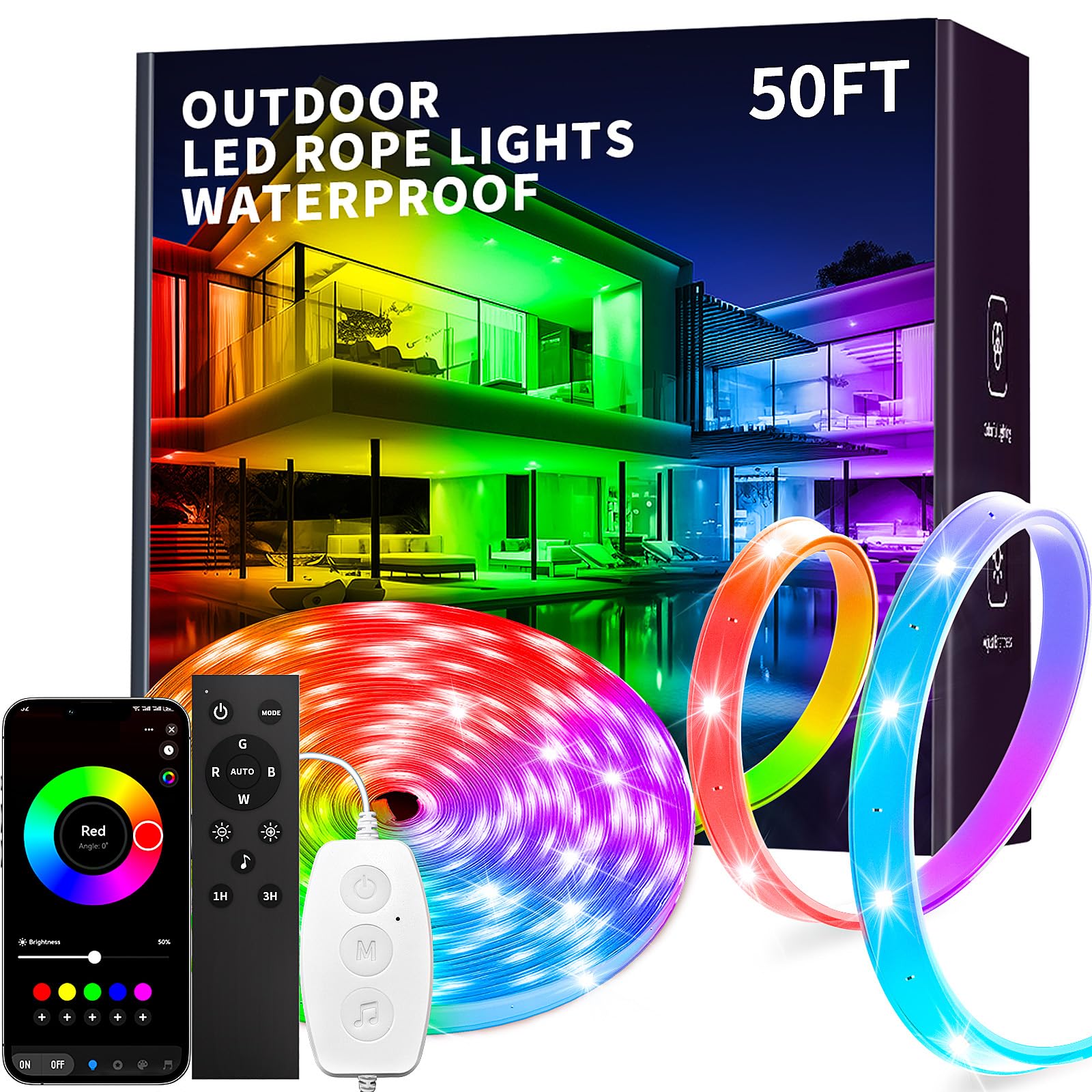 A smartphone screen displaying the color selection interface of the smart app, with a remote control and button controller in the foreground, and a house illuminated by colorful LED lights in the background.