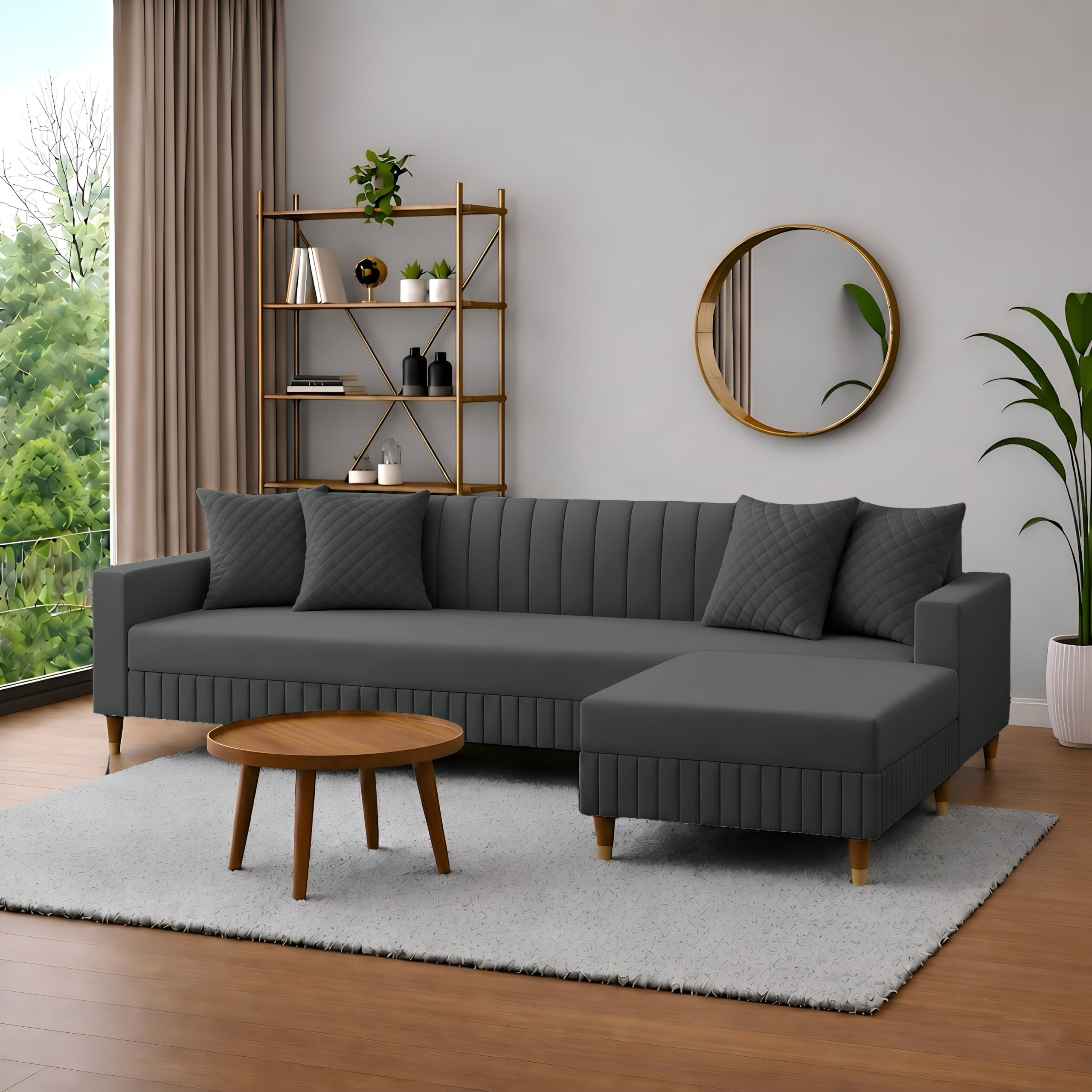 AMATA Omega Solid Wood 4 Seater L Shape Grey Suede Velvet Fabric Sofa Set with Two Cushions Perfect for Home Office Guests Living Room (Gray 04, Omega L Shape 4 Seater)(3 Years Warranty)-image-46