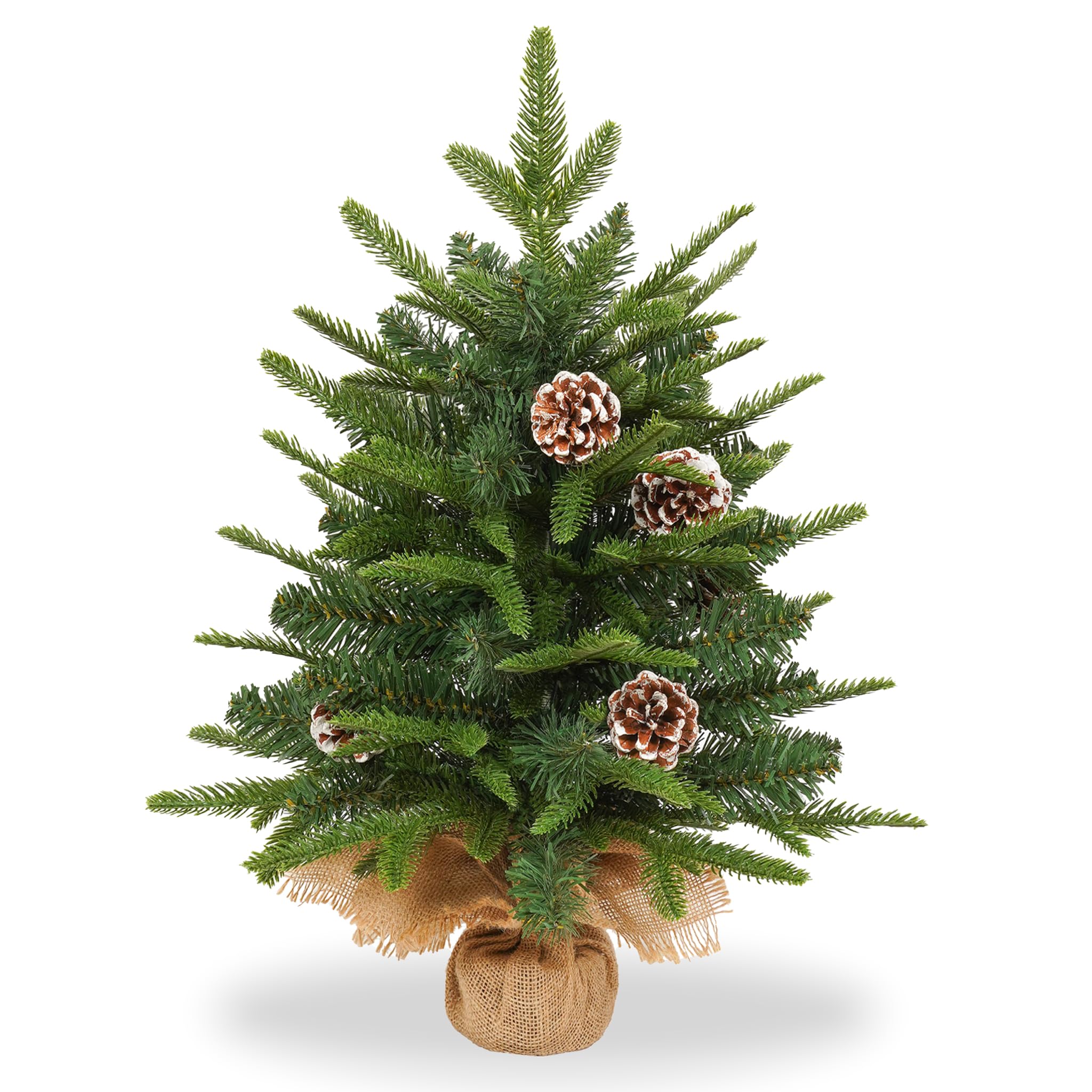 LILIIN Mini árbol de Navidad decorativo de 60 cm de PVC + PE, árbol de Navidad artificial, pequeño árbol de Navidad con cadena de luces LED, incluye caja de pilas y base (juego de 2)