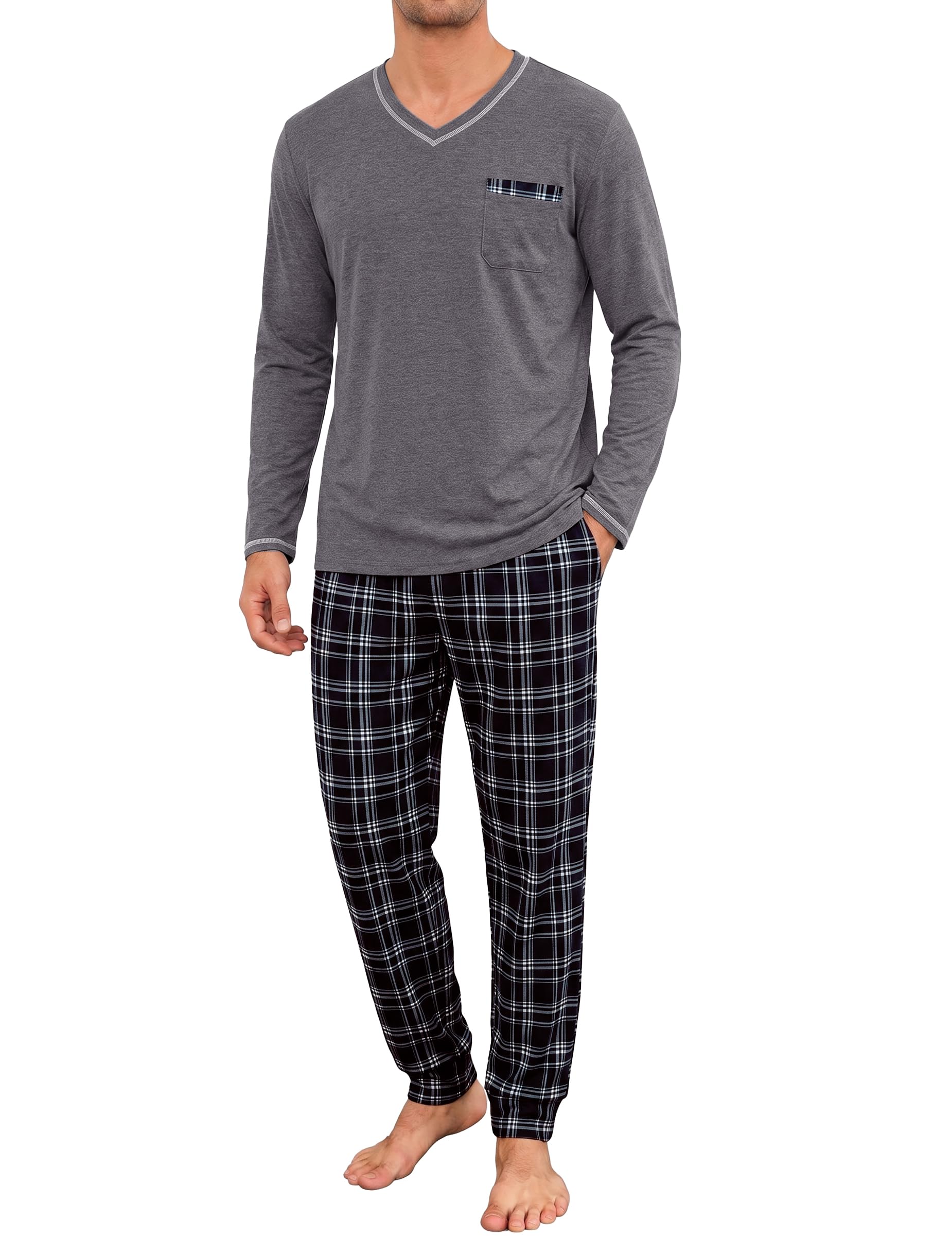 Bresdk Schlafanzug Herren Pyjama Set Lang Baumwolle Zweiteilige Nachtwäsche | Schlafanzüge für Männer mit Langarmshirt und Schlafanzughose für Männer Bequeme Weicher Hausanzug mit Praktischen Taschen
