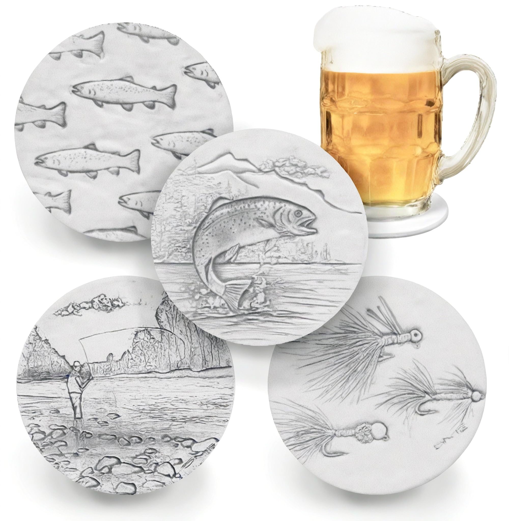 Fly Fishing Absorbent Drink Coasters (Set of 4) - Assorted - Made in USA