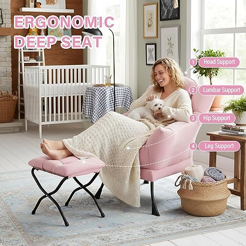 Miniatura 4 de Silla Lazy con otomana, moderna silla de estar con almohada lumbar, sillón de lectura acogedor y reposapiés plegable para dormitorio, sala de estar,
