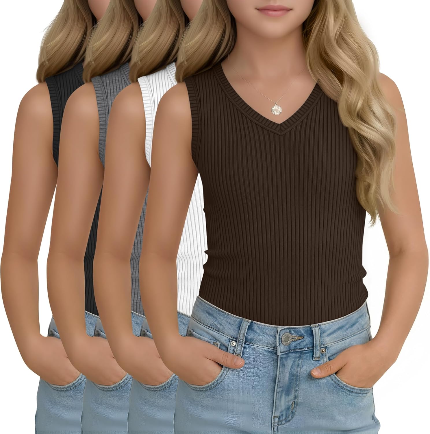 Oakgarden 4 Pack Girls' Tank Tops Ribbed V Neck Sleeveless Cute Summer Tee Slim Fitted Camisole Kids Soft Casual Basic Tanks