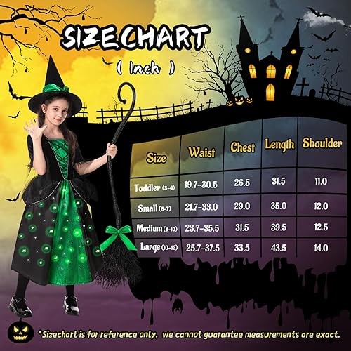 Miniatura 4 de Disfraz de bruja para niñas, vestido de bruja de Halloween iluminado con escoba de bruja y sombrero para Halloween, fiesta de cosplay para niños