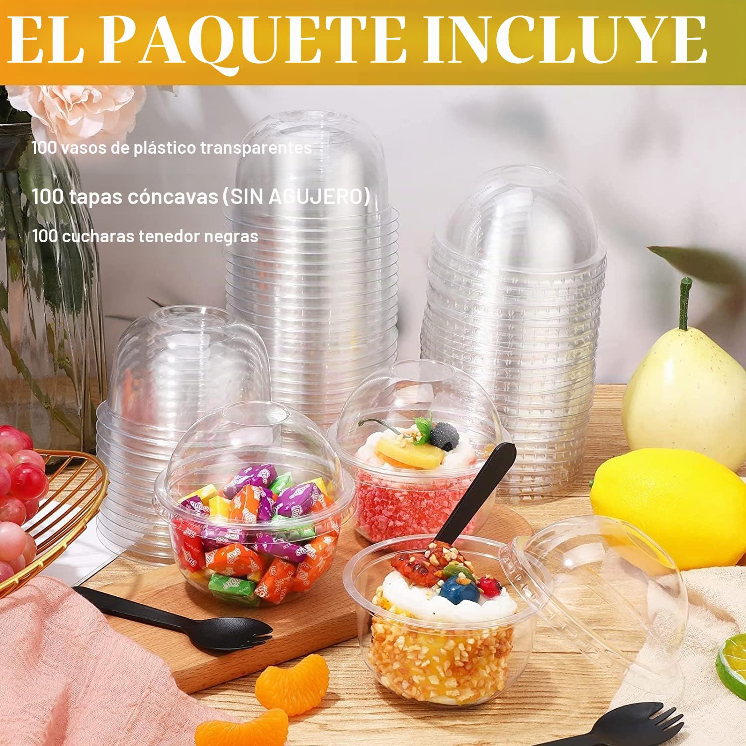 MIVIDE 100 vasos de postre con tapa, 250 ml/9oz vasos de postre de plástico, tazas de postre con tapa para mousse, pudín, helado, fiesta de postre, bodas