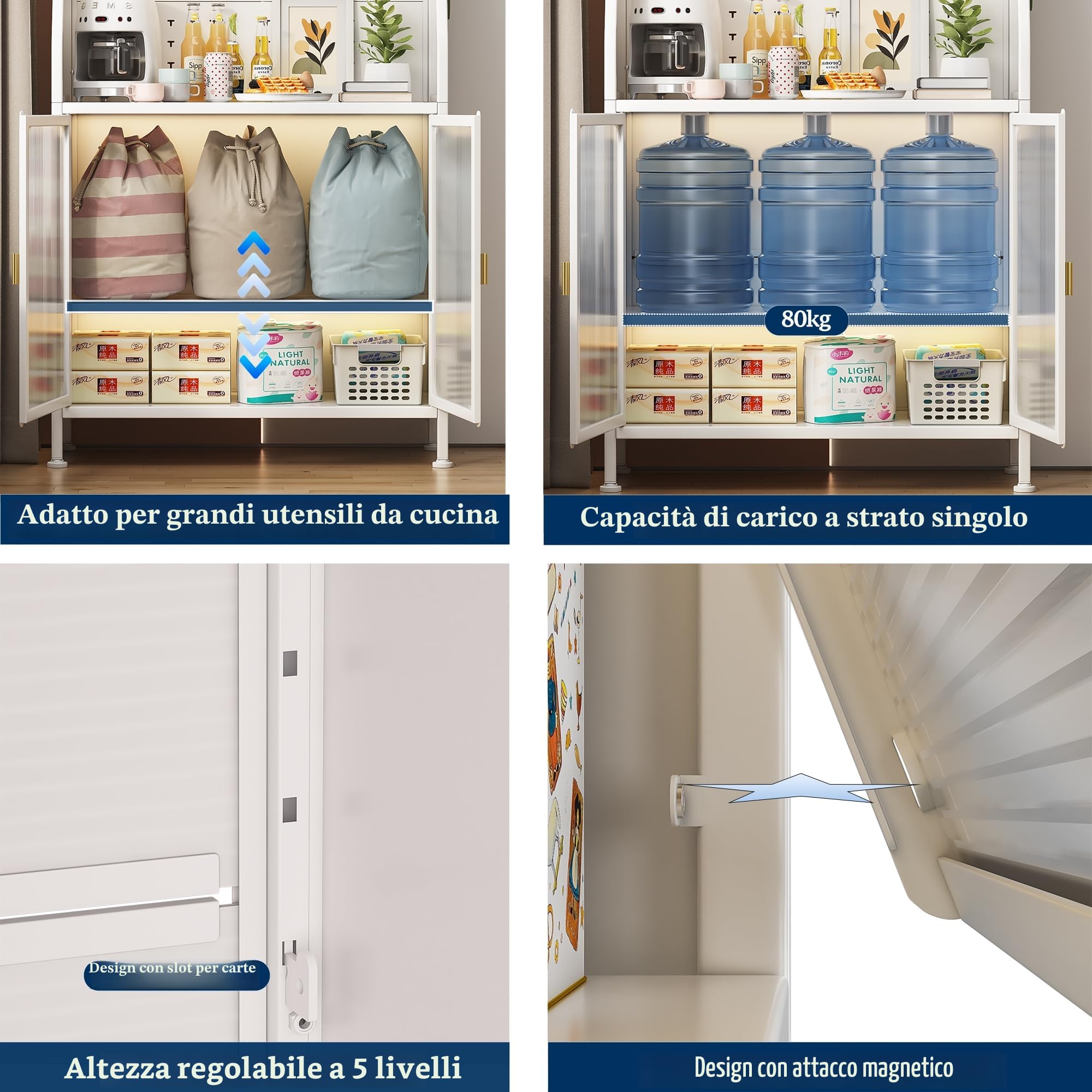 Fiutazge Largo 66 cm Credenza Cucina Alta con Ante in Acrilico,Mobile Cucina con Ripiani Regolabili,Ruote e Foro Passacavi,Credenza Soggiorno Montaggio Senza Attrezzi per Pranzo Ingresso-Bianco