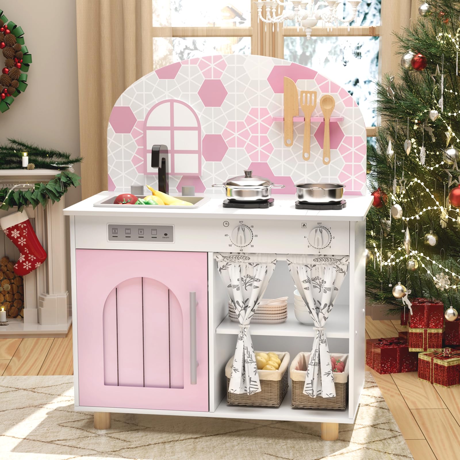 MAMIZO Wooden Play Kitchen with Real Sound, Children's Play Kitchens with kids kitchen 5 Pcs Accessories, Toy Kitchen for Age 3+, Simulated Gas Cooker, Clicking Knobs, Faucet, Storage Cabinets (Pink)