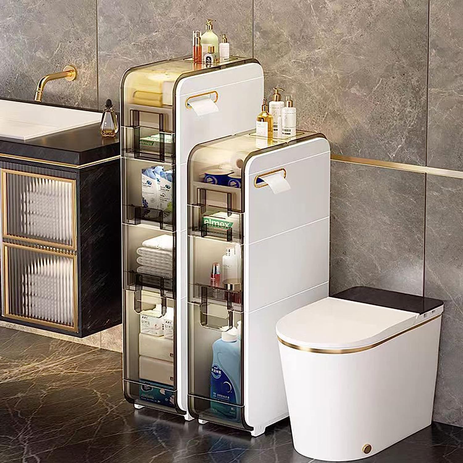 Armadietto da Pavimento per Bagno a 4 Livelli Organizer per Asciugamani Stretto e Sottile unità angolare Laterale con cassetti Trasparenti e rotelle per Cucina minuscola Lavanderia