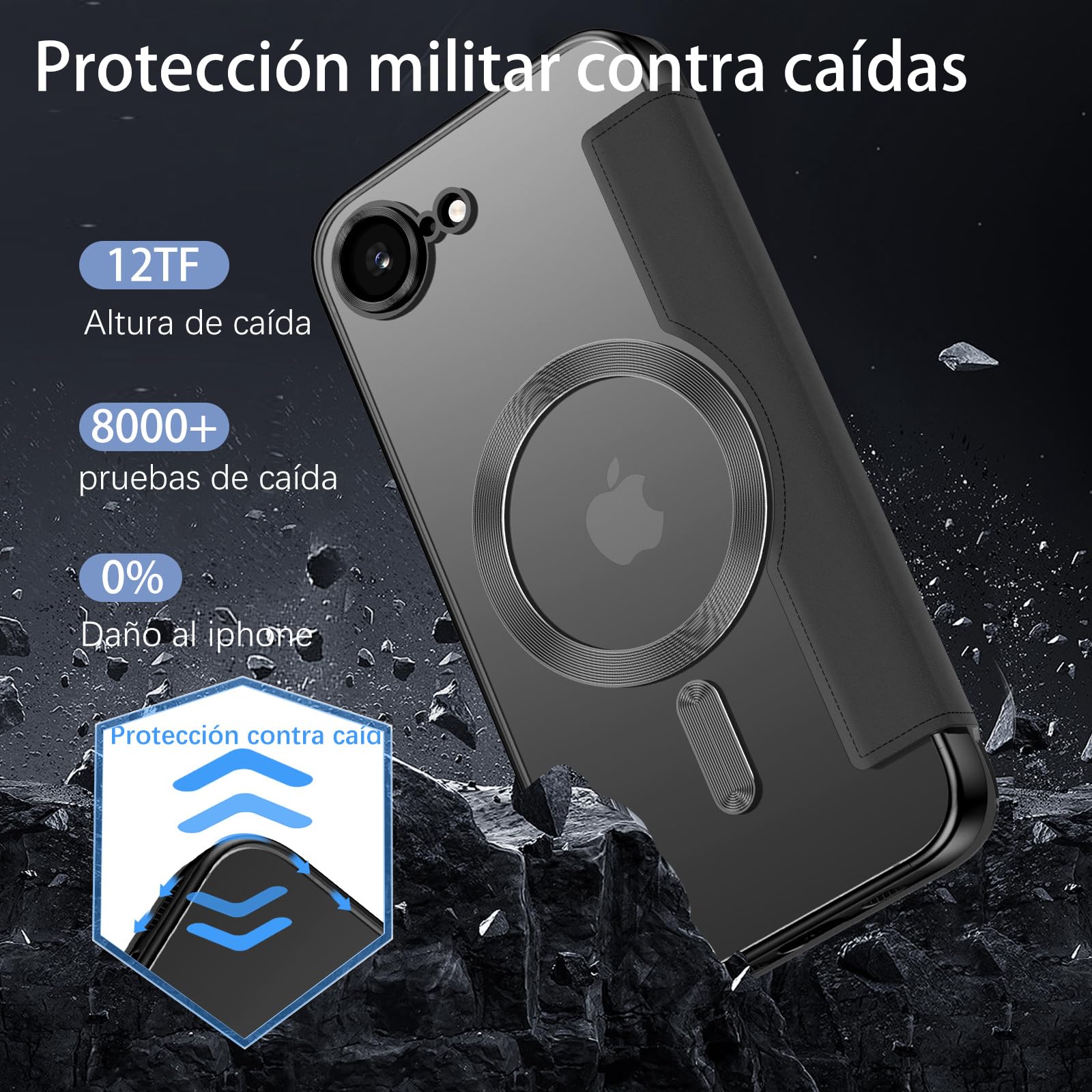 VENINGO Funda Magnética para iPhone 16e, Compatible con MagSafe Libro Funda iPhone 16e Cover Protección de Grado Militar Carga Inalámbrica Antihuellas Antigolpes Fina Carcasa, Negro