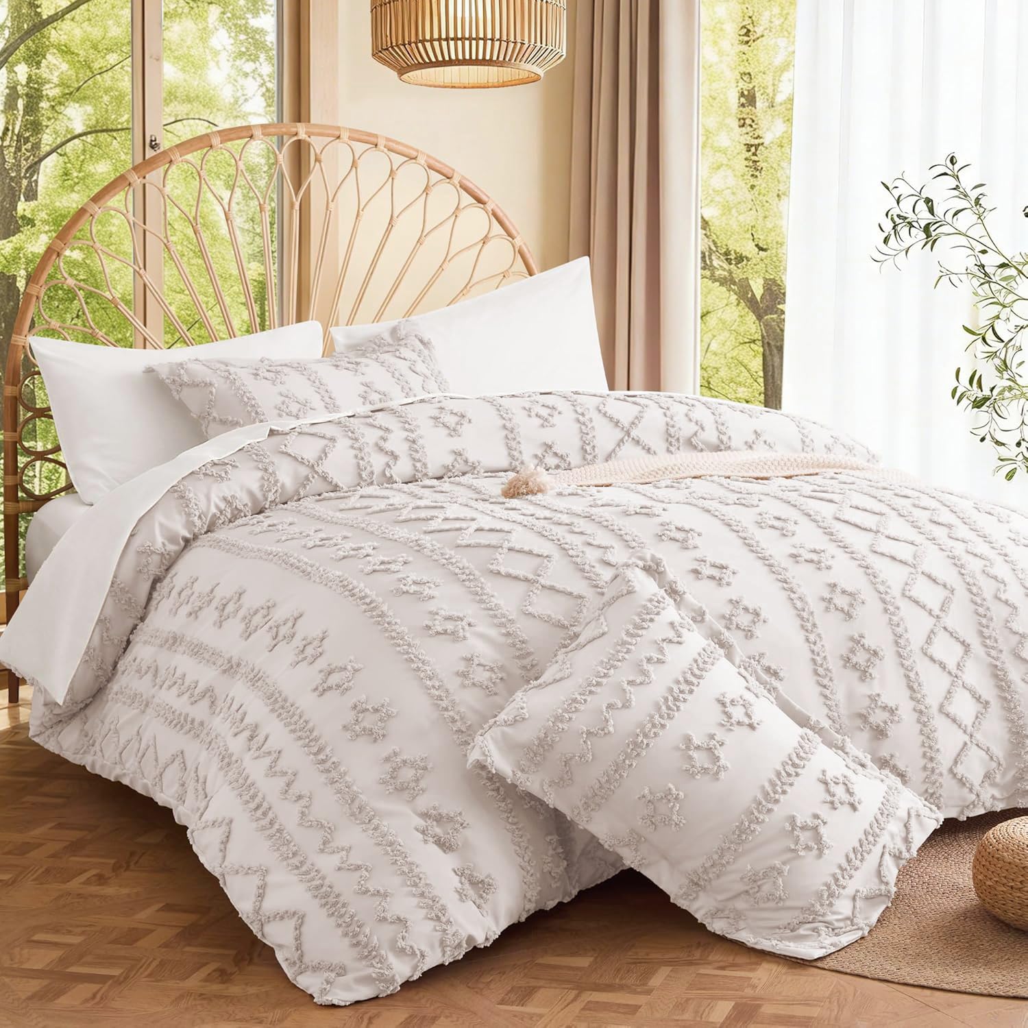 Luofanfei Housse de Couette 240 x 260 Beige Bohème Rayée Geometrique Parure de Lit Adulte 2 Personnes avec Fermeture Éclair Parure Housse Couette Boheme Style avec 2 Taie d'oreiller 65x65 cm