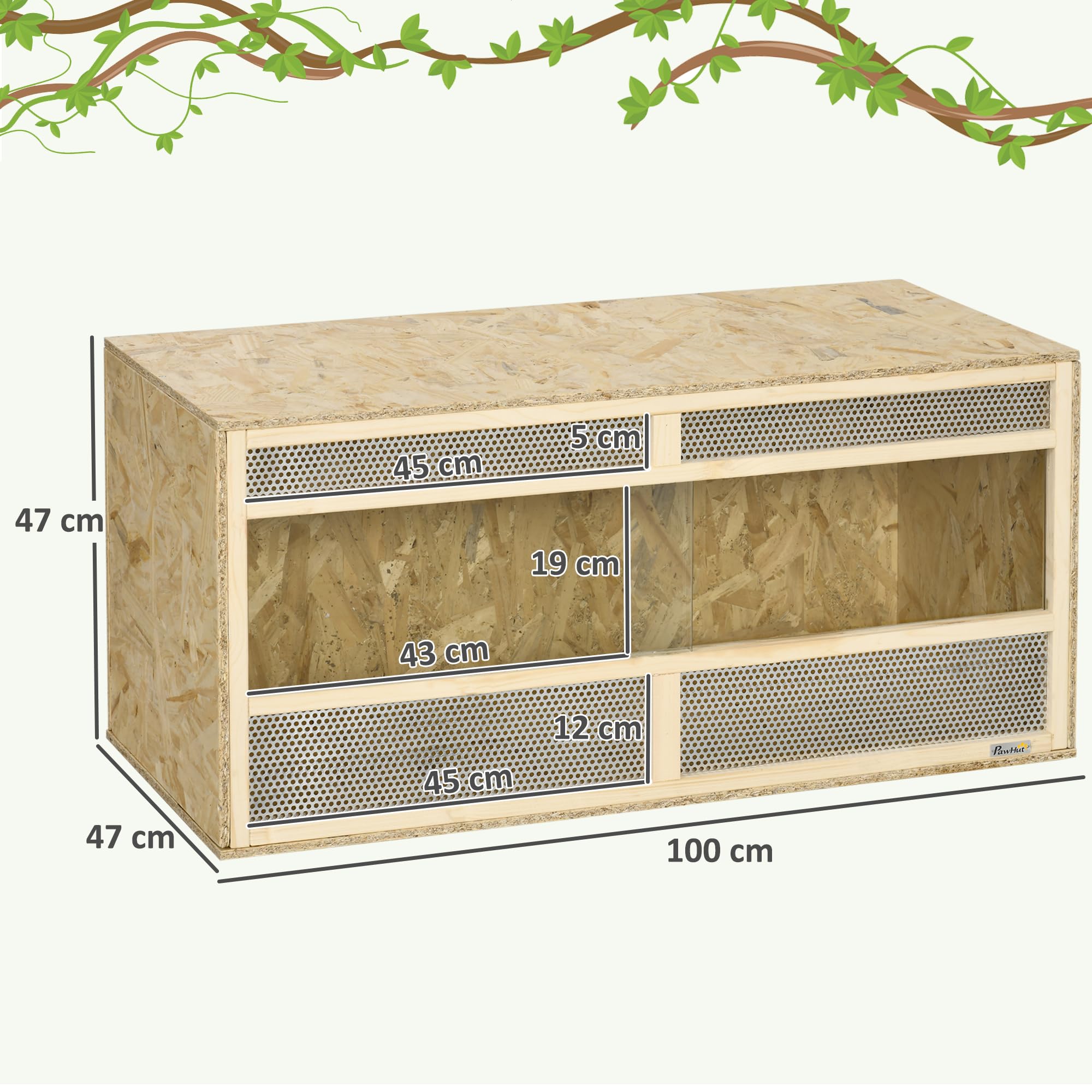 PawHut Terrarium aus OSB-Holz für Reptilien, mit Schiebetür aus Glas, 100 x 47 x 47 cm