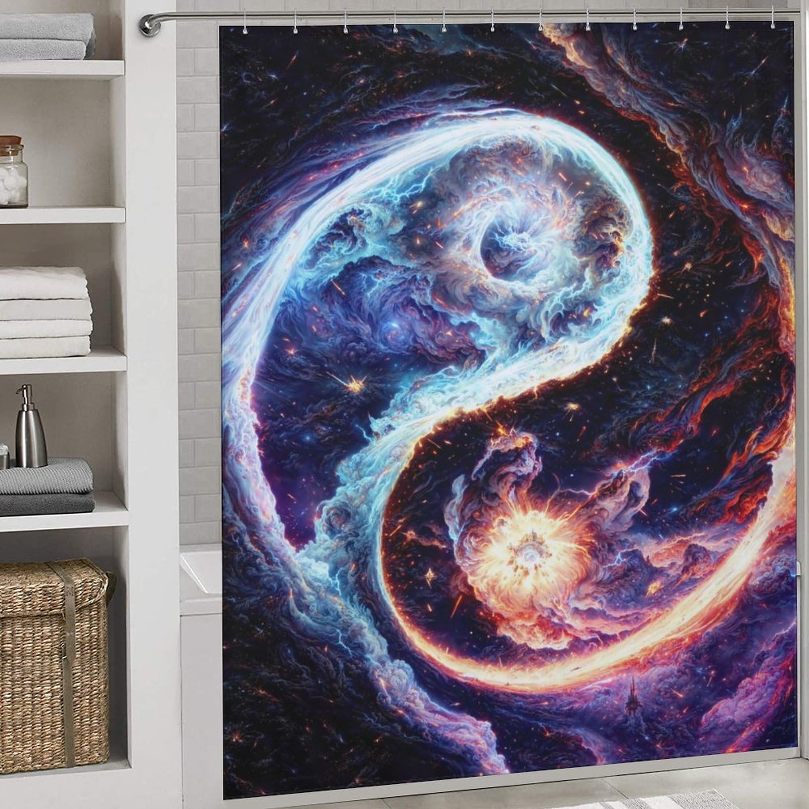 Rideau de douche yin yang feu et glace en polyester lavable 183x183cm