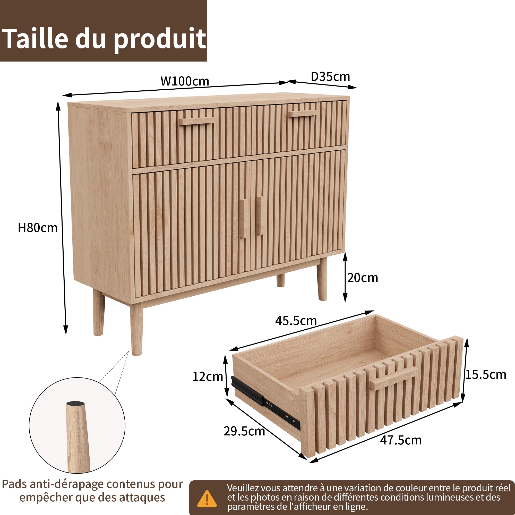 FEEOHOME Buffet Bas, Meuble de Rangement avec 2 Tiroirs et 2 Portes, Commode Multifonctionnel en Bois, Armoire de Cuisine pour Salon, Cuisine, Bureau, 35 x 100 x 80 cm