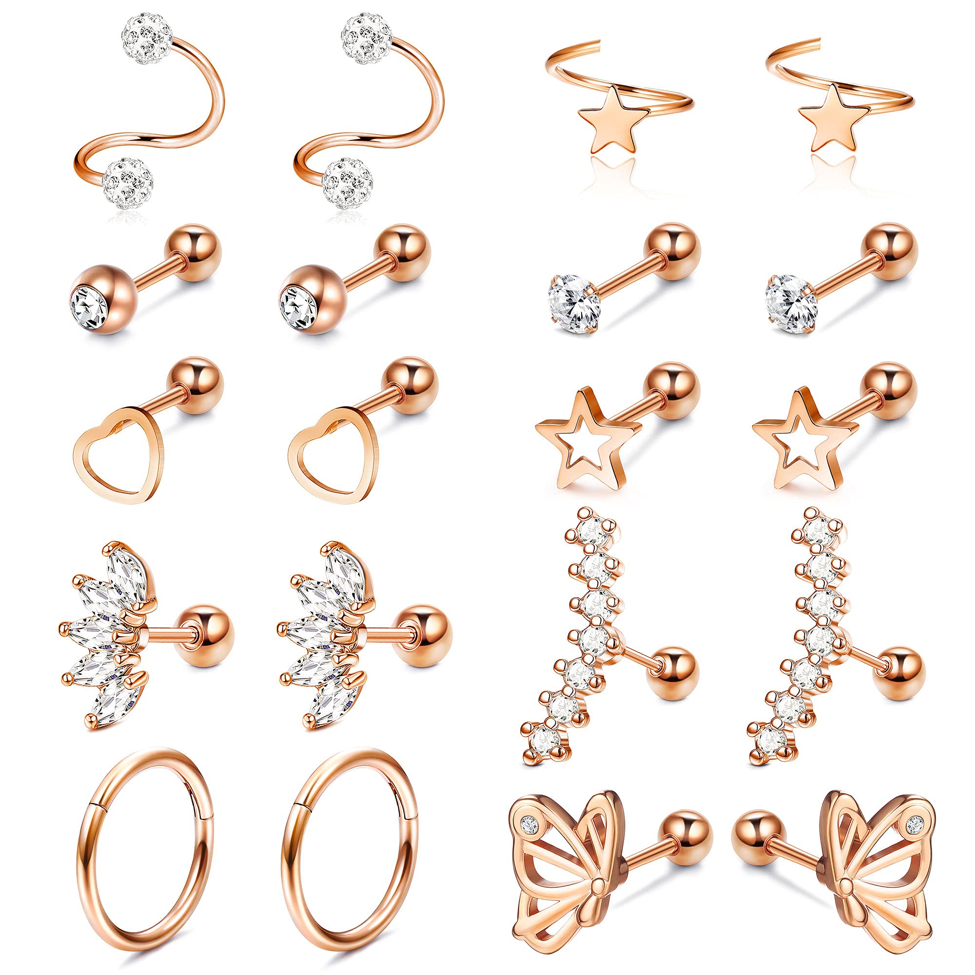 Kakonia 10 pares de pendientes de cartílago, pendientes de aro para hombres y mujeres, corazón, estrella, 18G, 16G, acero inoxidable quirúrgico, concha, Trgus, hélice, Piercing, joyería