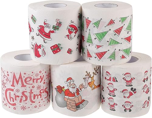 Ciieeo 5 rollos de papel higiénico de Navidad para decoración de árbol de Navidad y Papá Noel para suministros de fiesta de Navidad, decoración de