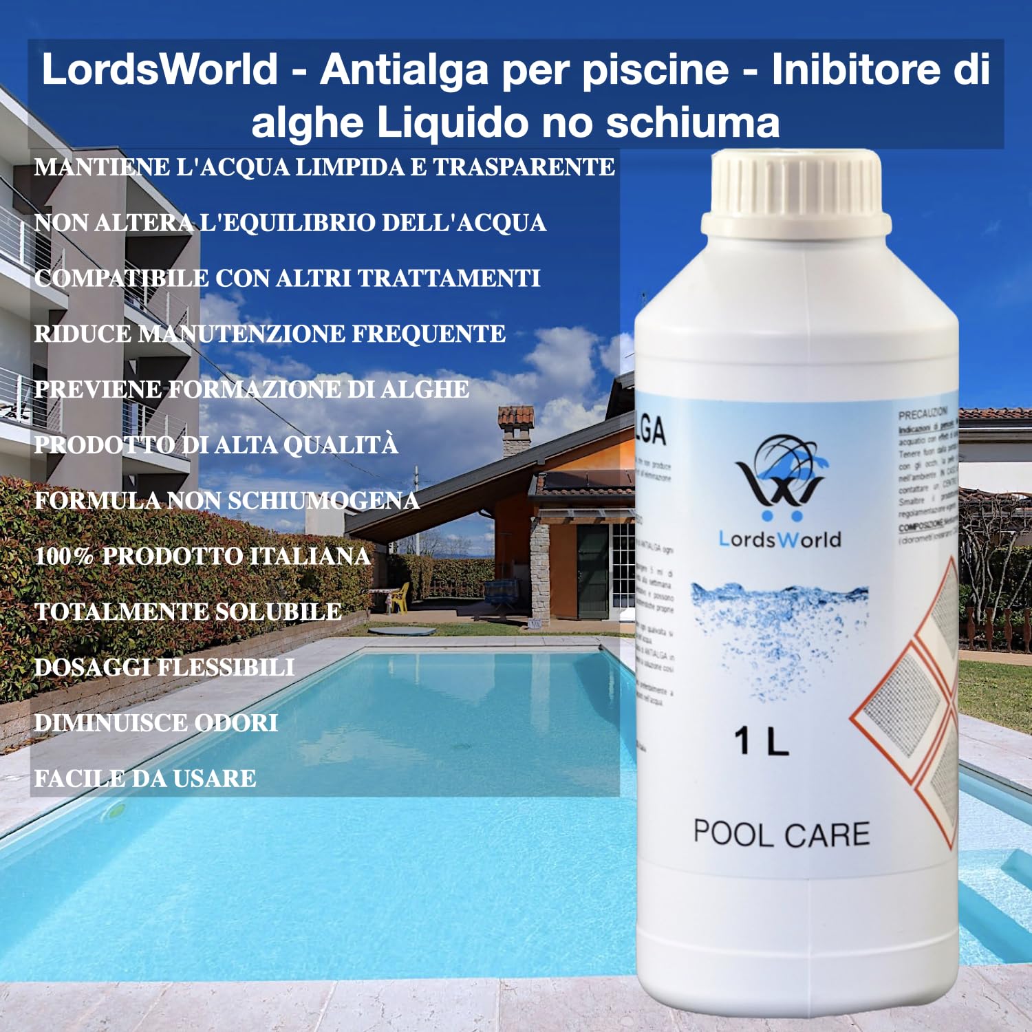 LordsWorld Pool Care - Antialga per Piscina - Idoneo per Piscina Fuori Terra, Interrata Spa e Jacuzzi, Azzurrante Acqua Limpida - Adatto a Regolatore Ph Piscina Automatico, Piscine Acqua e Sale (10Lt)