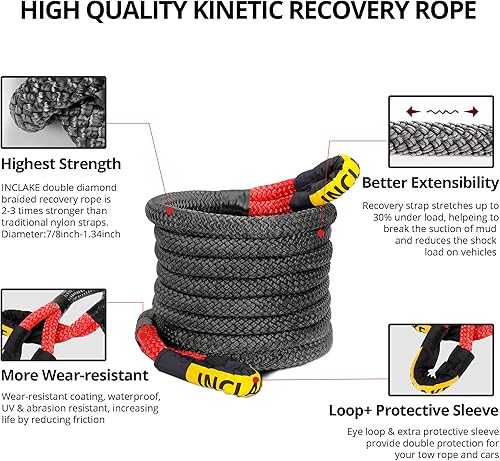 Miniatura 3 de INCLAKE Cuerda de recuperación cinética y remolque de 78 pulgadas x 30 pies cuerda de recuperación de energía 28660 libras correa de remolque