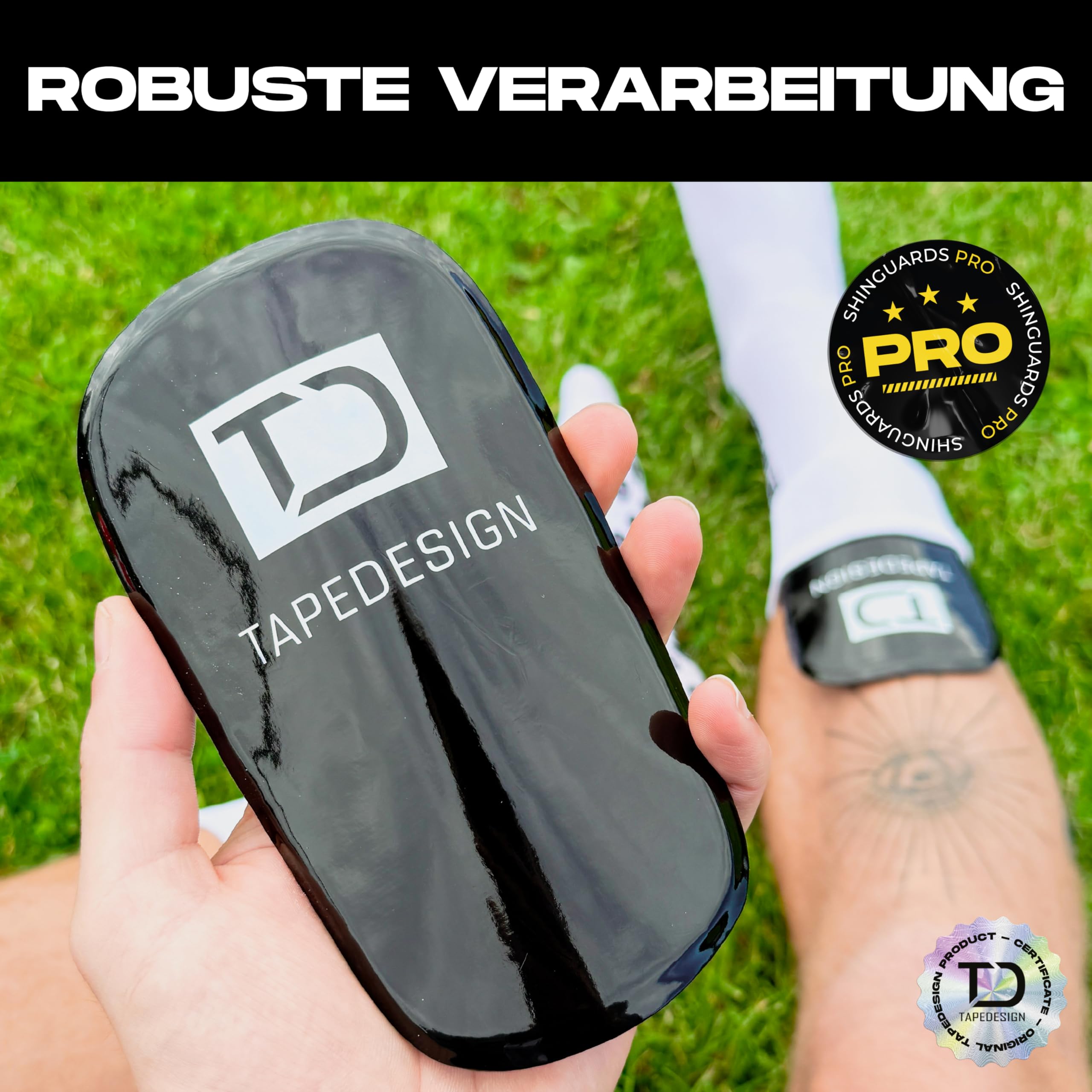 TAPEDESIGN – Ochraniacze piszczeli piłkarskie męskie czarne – ultralekkie, elastyczne i antypoślizgowe – indywidualnie dopasowane ochraniacze na golenie – mini ochraniacze piszczeli, dzieci i