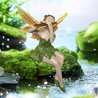 QMCAHCE Flute Fairy Statue, Angel Garden Sculpture, Realistic Statue Decoration, Antique Resin Angel Crafts, Home Table Decoration, Garden Lawn Courtyard Art Porch Terrace Outdoor Decoration (Yellow)