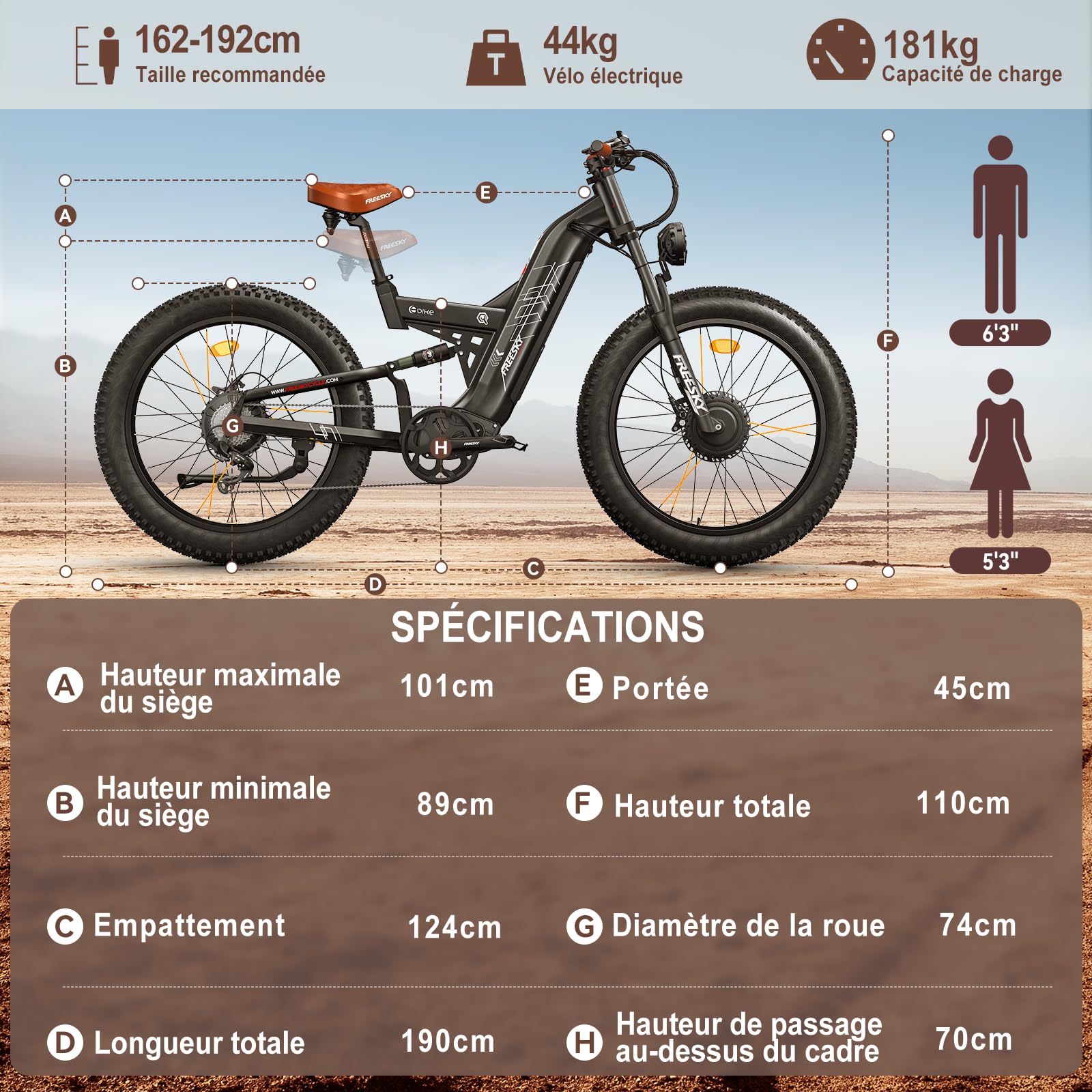 FREESKY 2026 Warrior Pro Vélo électrique Double Moteur 48V 30Ah Samsung Batterie Amovible VTT électrique Adulte 26" Suspension Intégrale 100-190km Autonomie Écran LCD 7 Vitesses