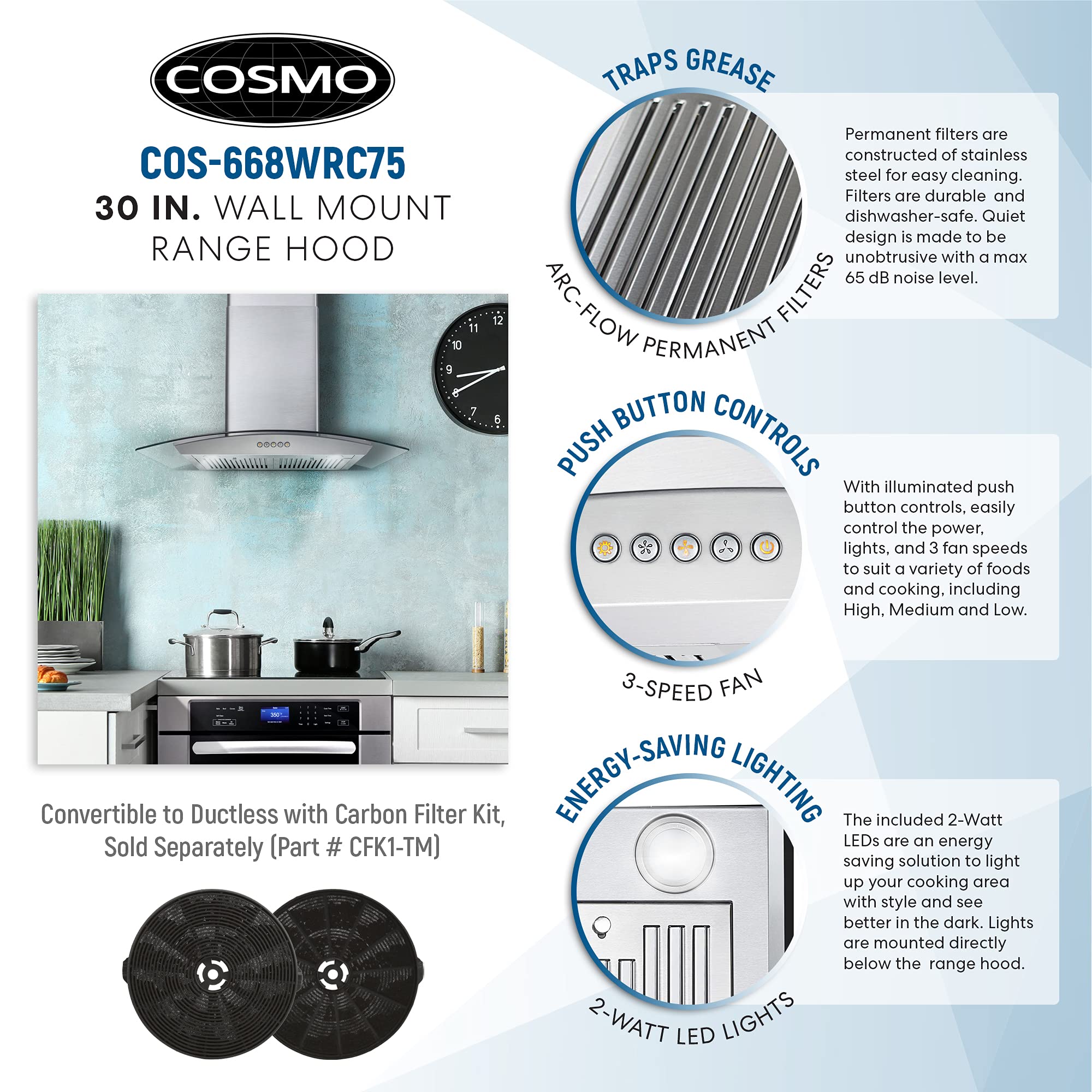 Cosmo COS668WRC75 Wall Mount Range Hood with Ducted Exhaust Vent, 3 Speed Fan, Push Button