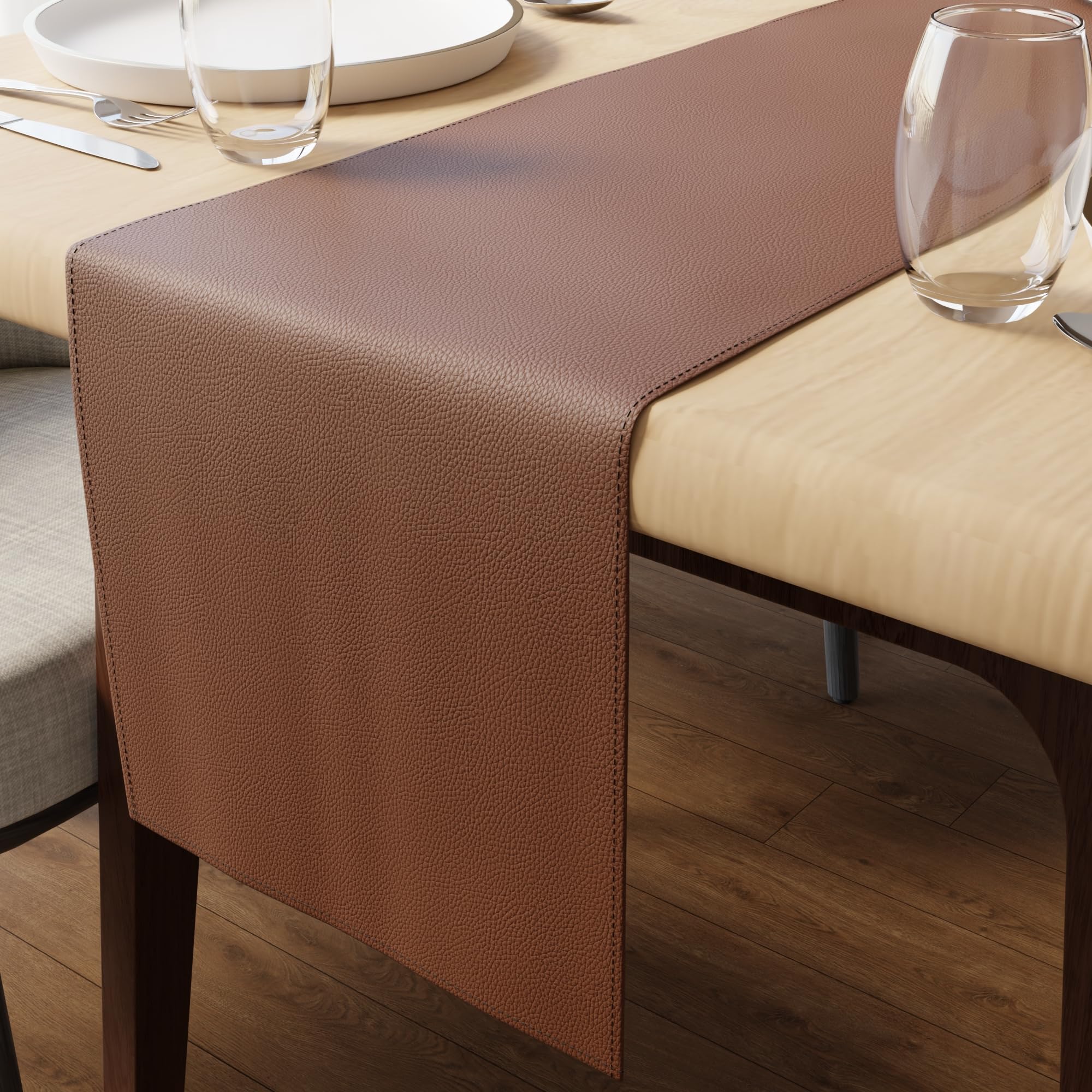 Encasa XO Faux Leather Table Runner | Size 30x240 cm with 0.7mm Thick | Tan | Waterproof & Nonslip Tricot Backing | for Dining & Kitchen Table Decor-image-26