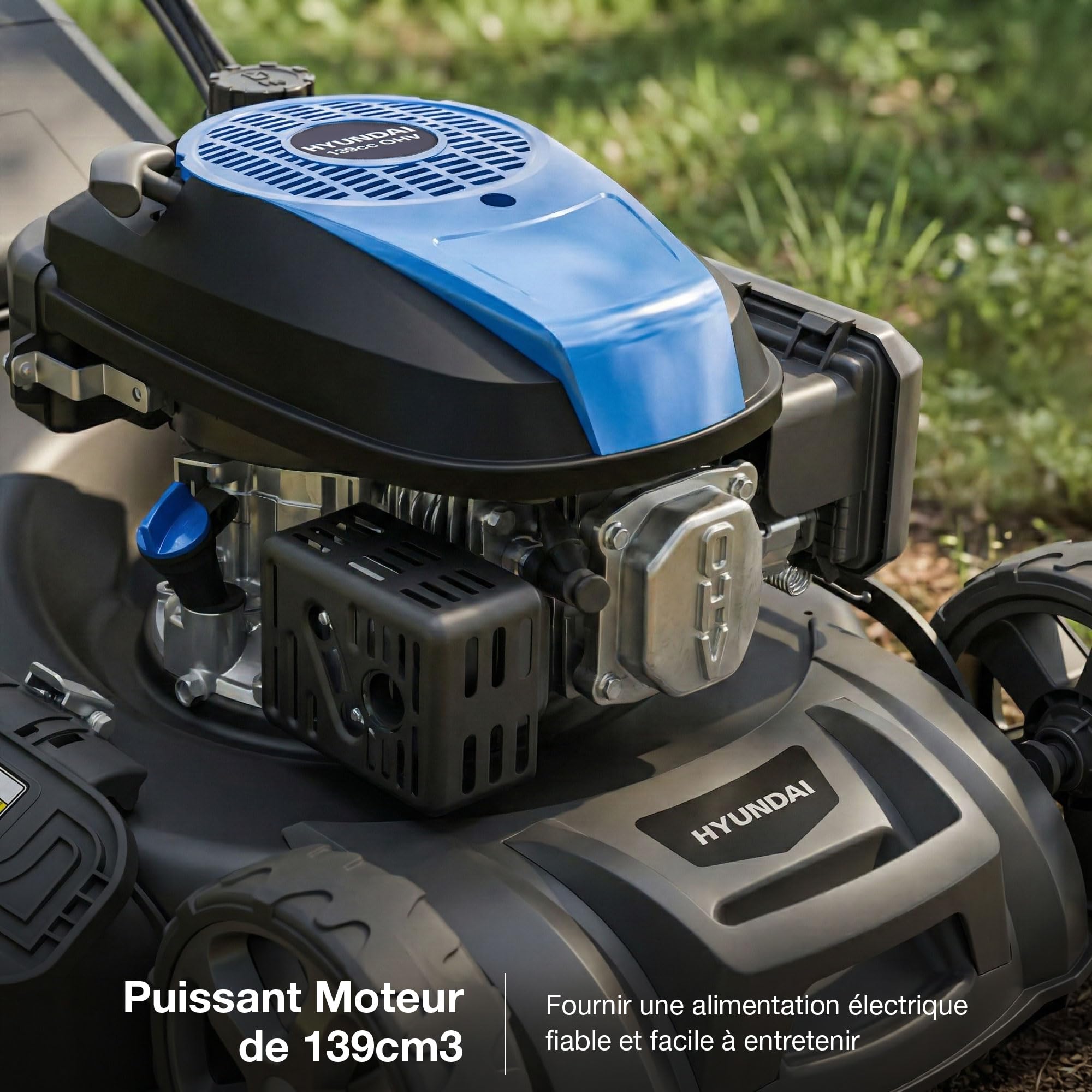Hyundai Tondeuse à Gazon Thermique Autotractée Noire 46 cm, Démarrage Électrique, Moteur 139 cm3 3,7 CV, Bac 60 L, 4-en-1, Garantie 3 Ans - HYM18150SPEX