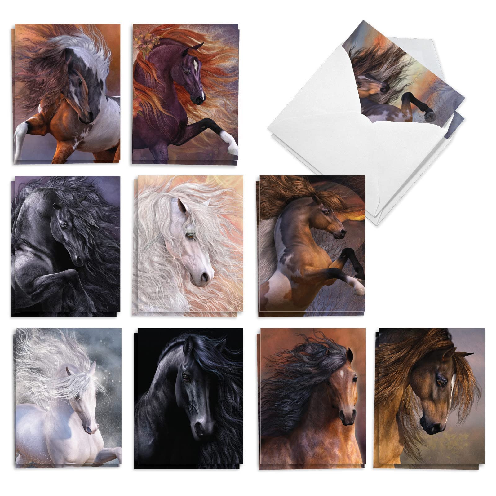 The Best Card Company - 20 Assorted Stallions Thank You Notes Bulk Box Set 4 x 5.12 Inch with Envelopes (10 Designs, 2 Each) - Flying Horses