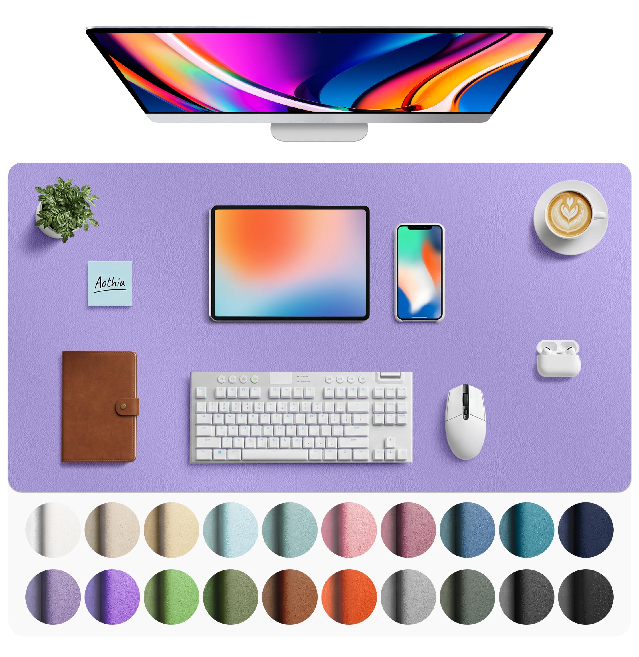 Aothia Faux Leather Desk Mat Mouse Pad, 40" x 24", Light Purple