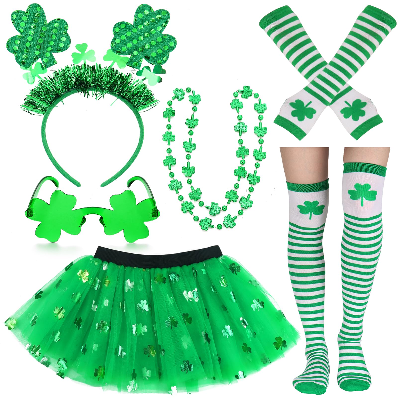 Erogeen St. Patrick's Day Costume Accessories for Women Green Striped Socks Arm Warmer Tutu Skirt Shamrock Headband Necklace Glasses (Green)