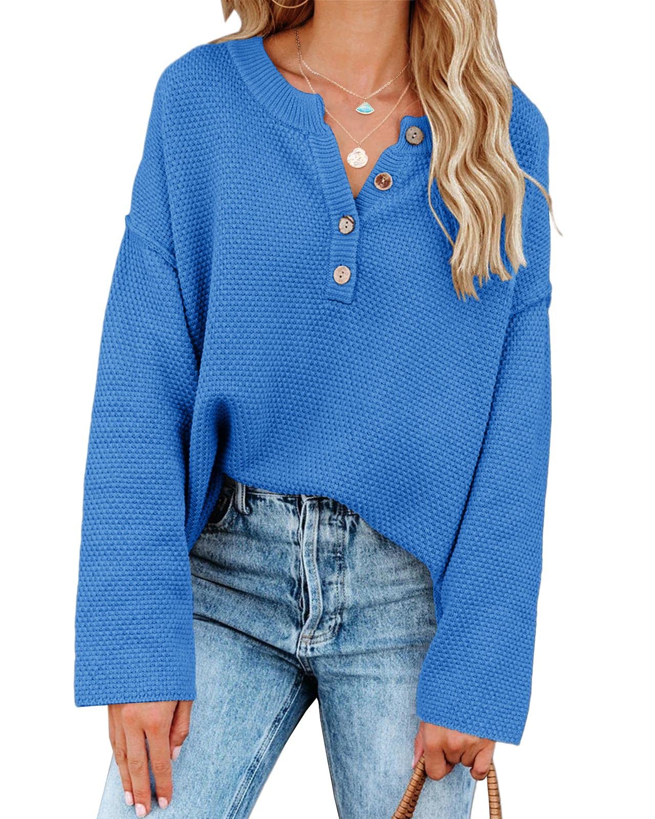 Saodimallsu Women's Oversized Sweaters Batwing Long Sleeve Loose V Neck Button Henley Tops Pullover Knit Jumper