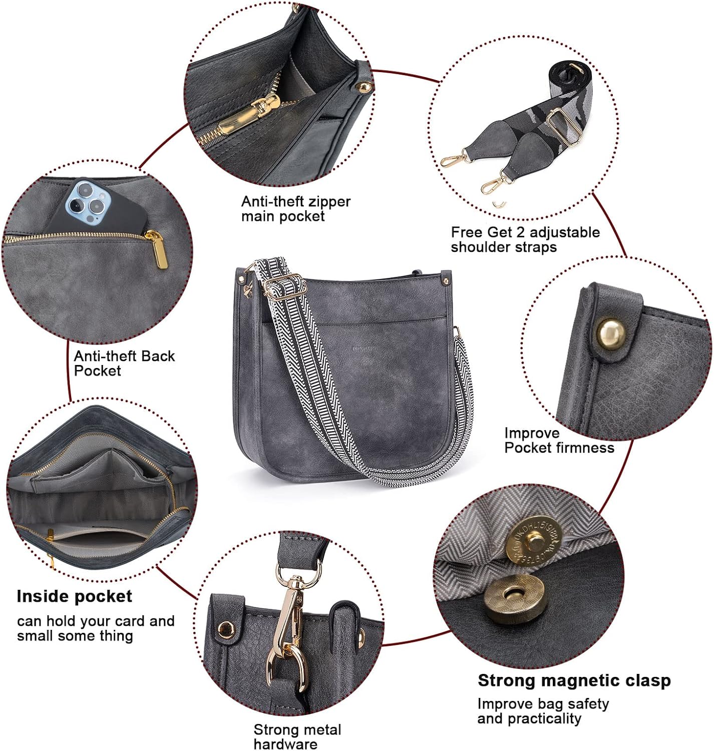 HKCLUF Crossbody Bag Purse for Women 2PCS/Set Leather Hobo Handbag Wallet Set With 2Adjustable Guitar Strap Shoulder Bag | Purse, 2PCS/Set, Leather, Wallet Set, Purse - Image 8