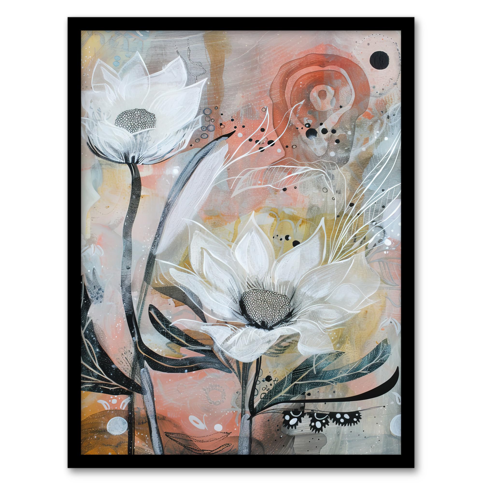 Artery8 Italian White Sunflowers Bloom Abstract Painting Living Room Artwork Framed Wall Art Print A4