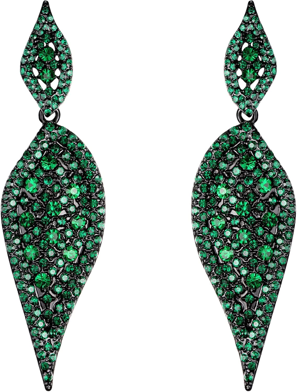 EVER FAITH 2 Leaf Round Full Crystal Art Deco Bridal Pierced Dangle Chandelier Earrings for Women