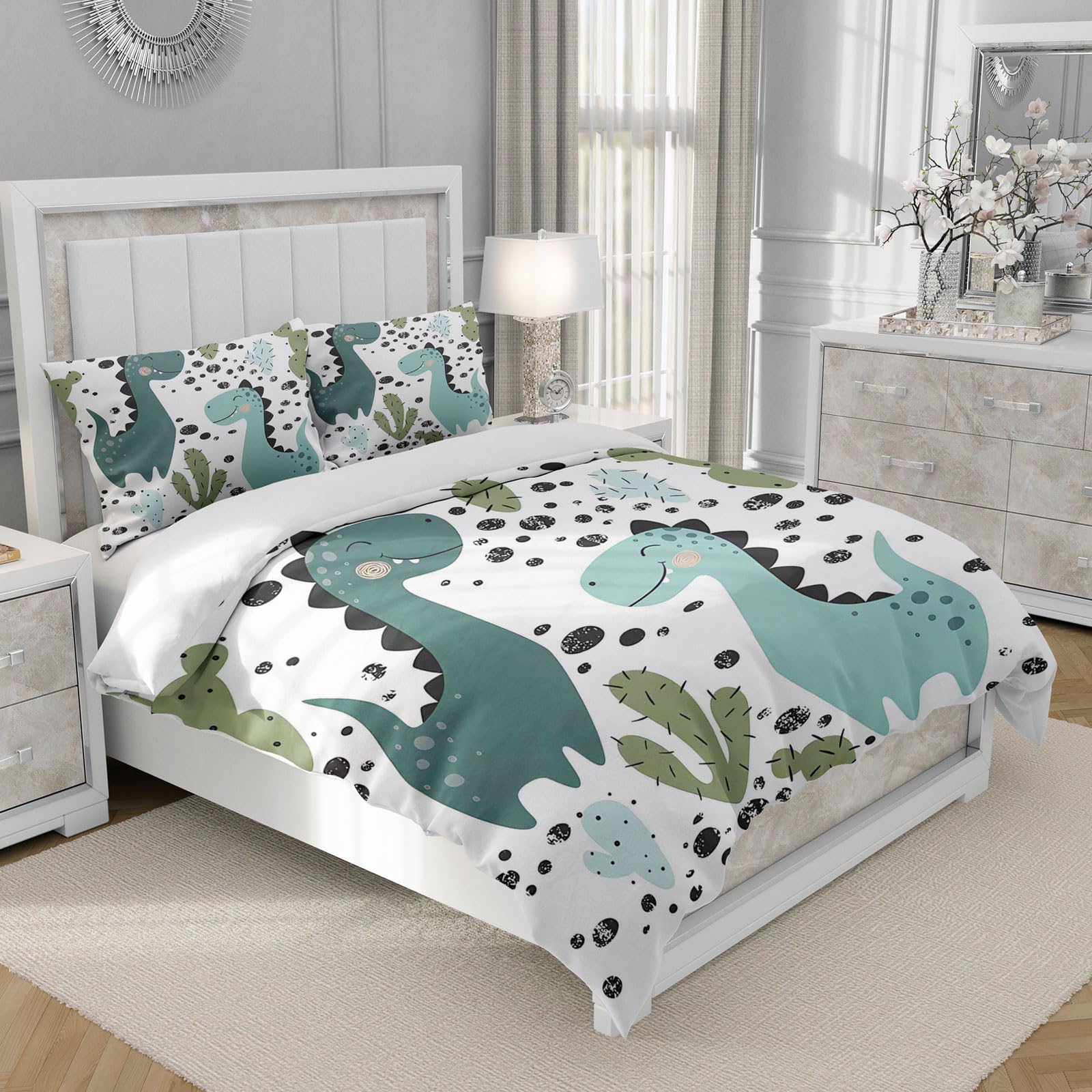 Ropa de cama infantil con estampado de dinosaurios, linda caricatura colorida con estampado de dinosaurios, juego de cama decorativo juguetón para niños y niñas (C, 135 x 200 cm)