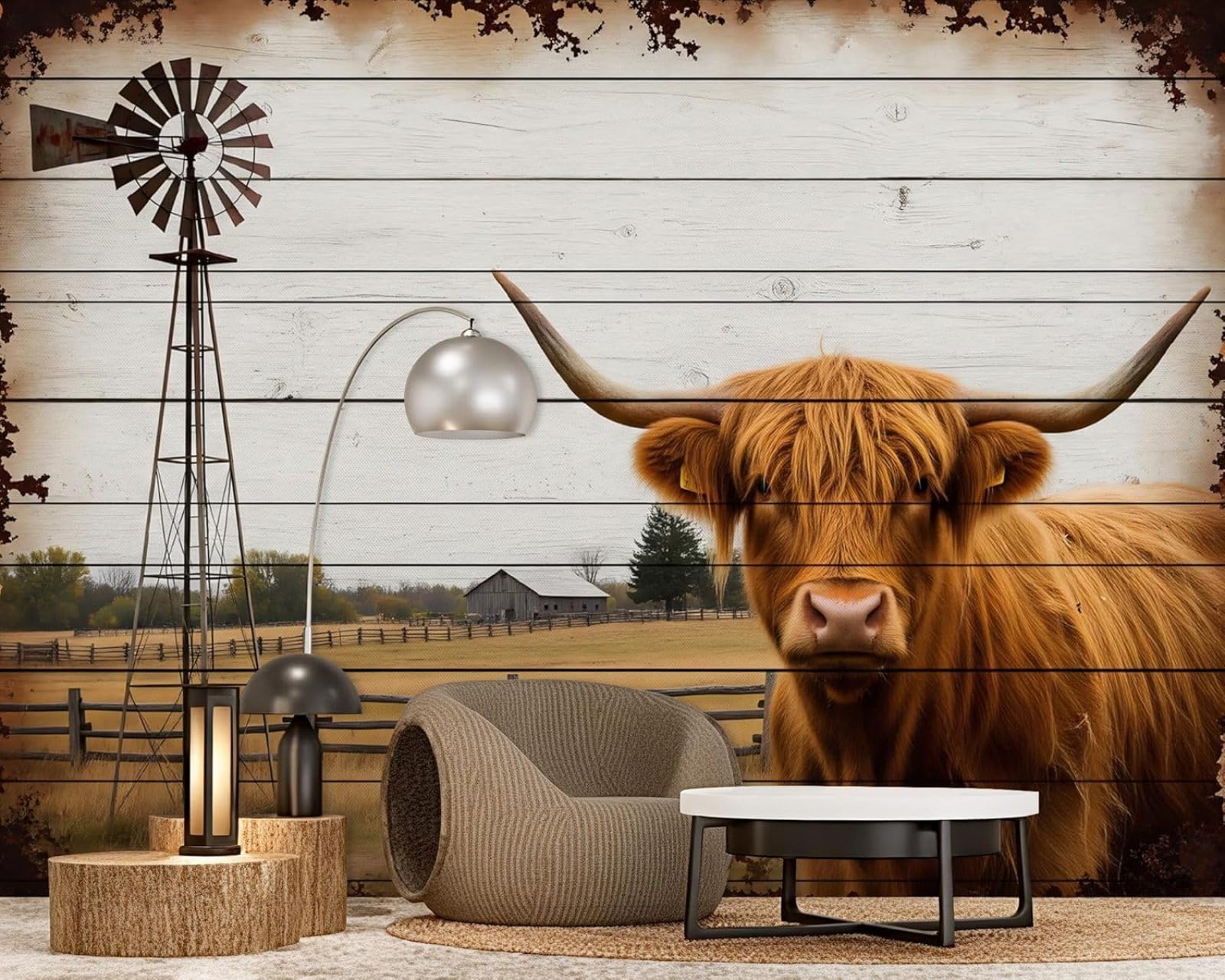 Hgjdjhnf 3D Mural Photo Wallpaper Highland Cattle Wood Look Dining Room Country Style Modern Living Room Bedroom Children's Room Wall Decoration Motif Wallpaper, 350Cm X 256Cm Wall Sticker - Background Wall - Painting