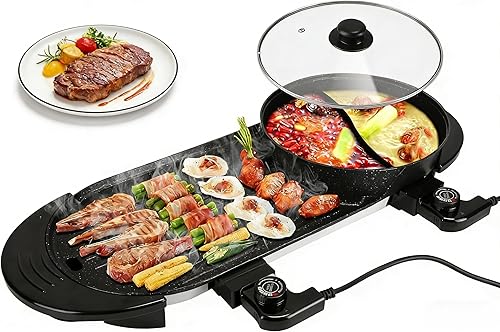 Olla eléctrica con parrilla, 2200 W, cocina coreana Shabu Shabu para barbacoa, olla antiadherente 2 en 1 sin humo, control de temperatura separado,