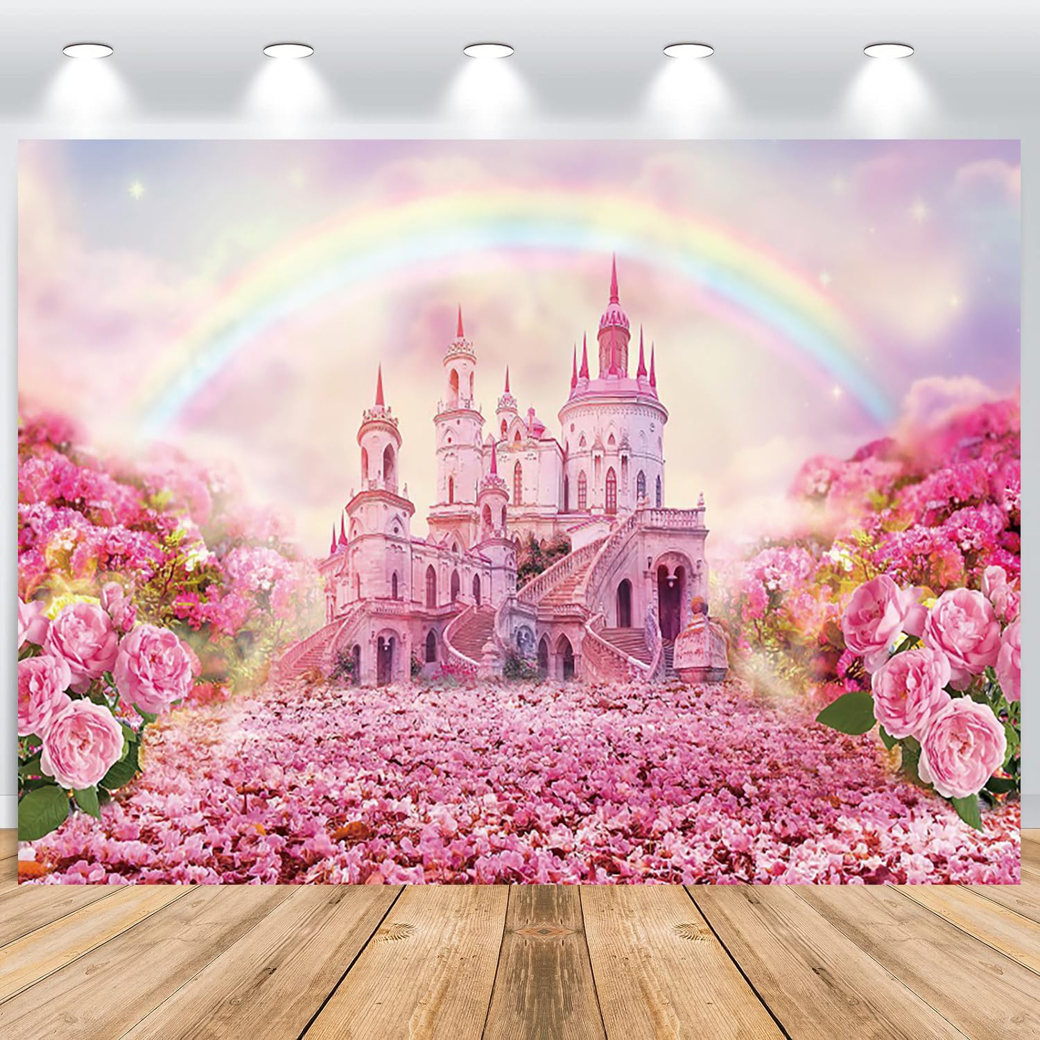 Fond de Château de Princesse 3x2,5 m, Château Rose Fantastique Fleurs Arc-en-Ciel Photographie Fond Filles Anniversaire fête de Mariage Photo Studio Shoot
