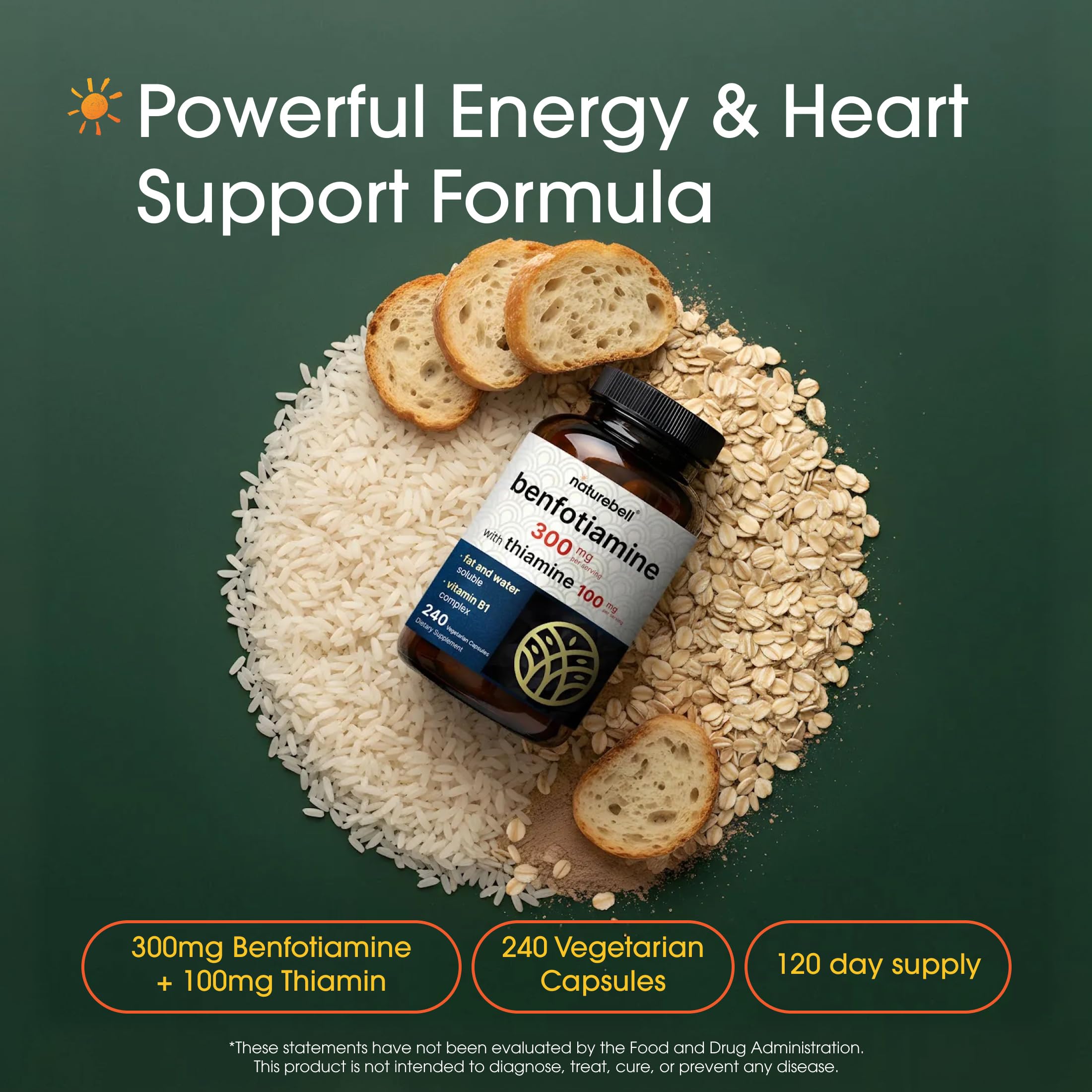 NatureBell Benfotiamine with Thiamine - 240 Vegetarian Capsules - 300mg Benfotiamine & 100mg Thiamine - for Heart Health, Energy Production & Nervous System Support* - Vitamin B1 Complex — Amazon image 2