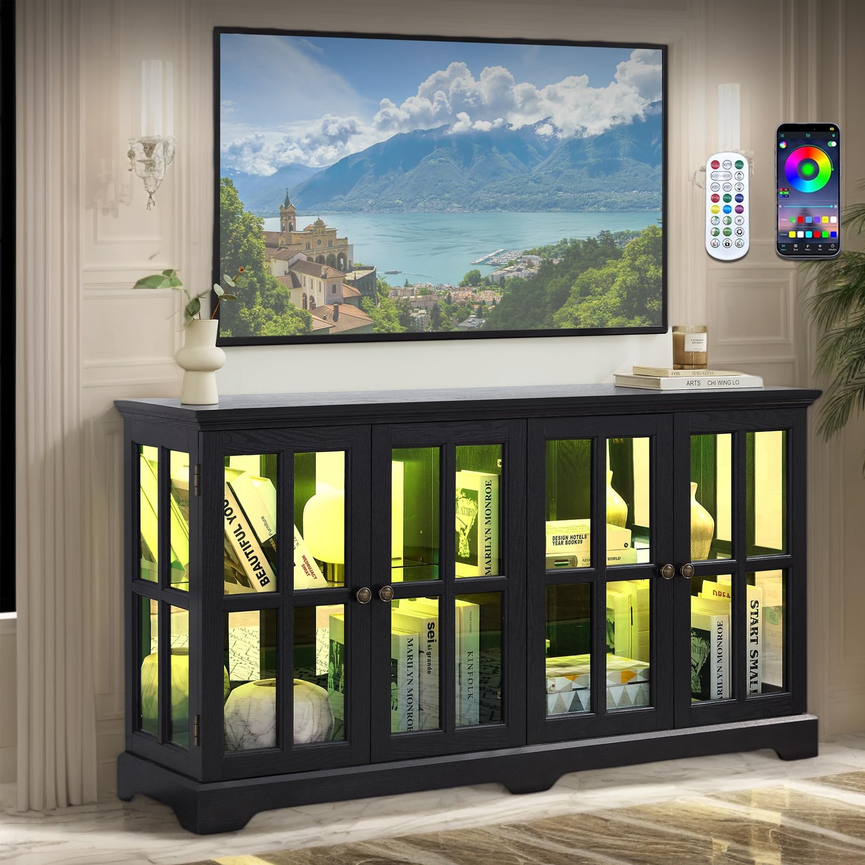 59" W LED Curio Cabinet with 7 Color Lights, Vintage Glass Display Case with Glass Doors, Smartphone-Controlled, Short Wooden China Cabinet with