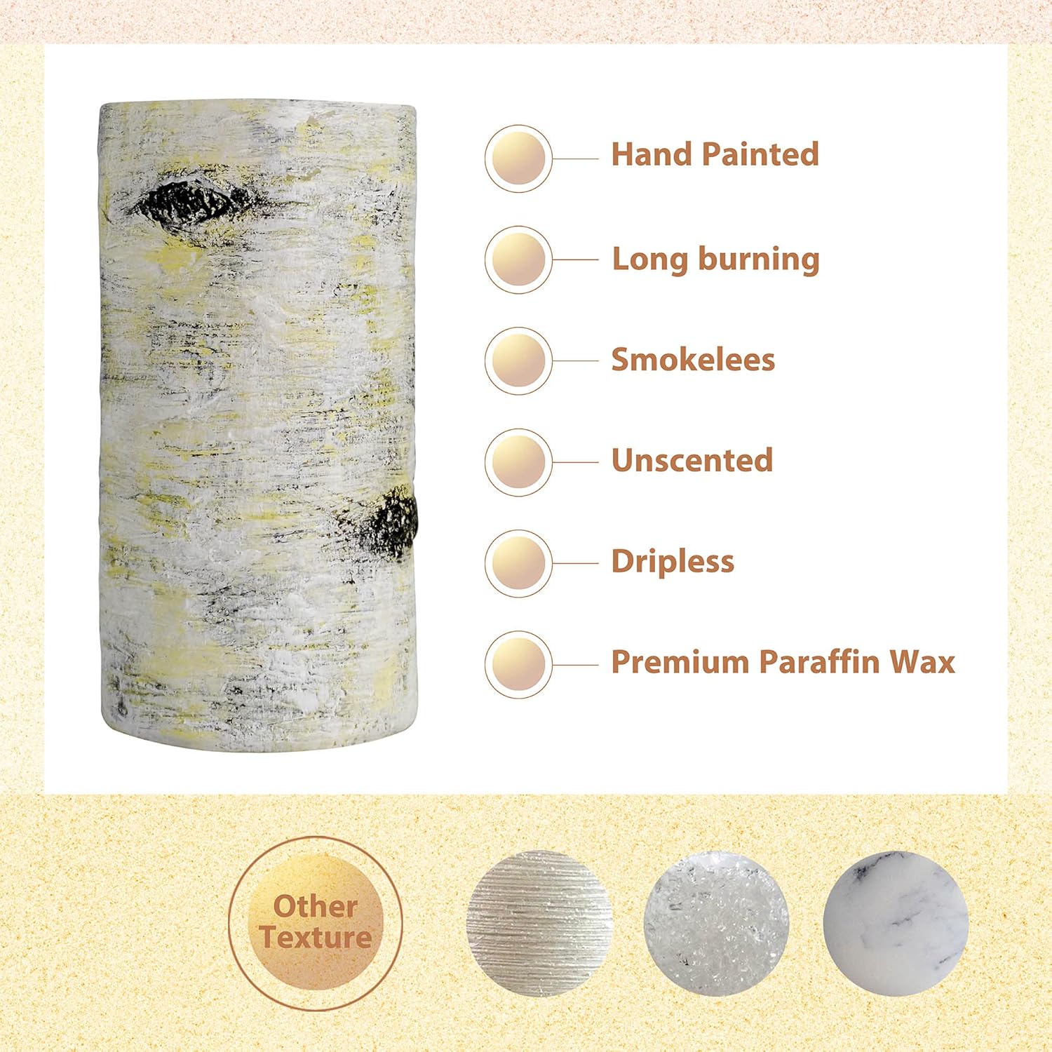Birch Pillar Candle, Hand Poured Unscented Pillar, Clean Burning , Wedding Party Dinner Candles Set of 3(D3"xH4"-5"-6")Home Decoration, Church, Café, Restaurant (Birch Bark Effect) : Home & Kitchen
