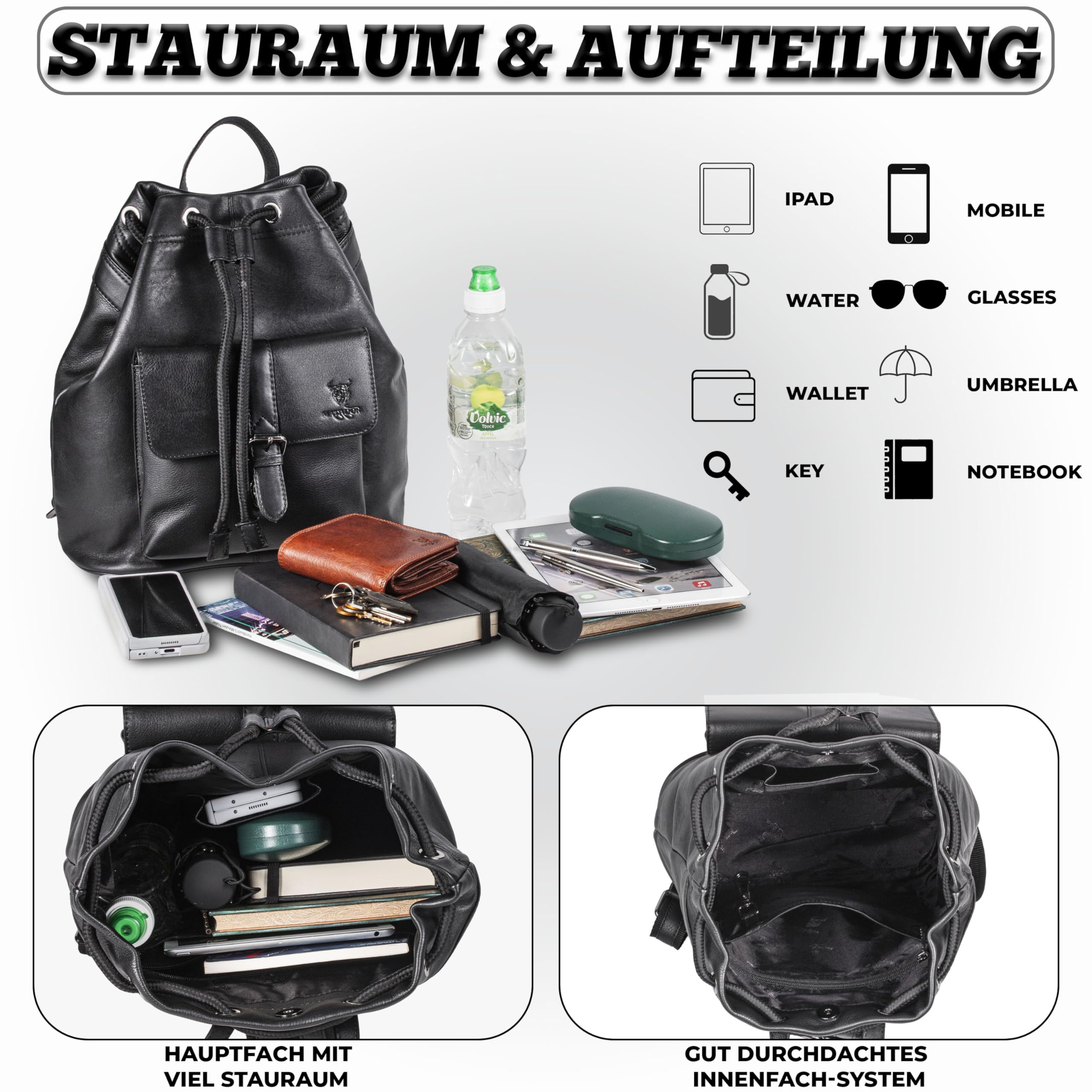MATADOR Rucksack Tasche 2 in 1 Damen Leder #ROM, Stilvoller Rucksack Damen Schwarz für Alltag, eleganter Cityrucksack oder Lederrucksack, Robuste Rucksackhandtaschen mit Kordelzug, Schwarz Nappa