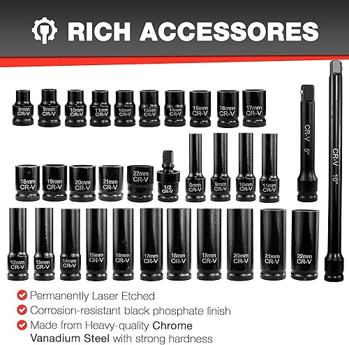 Miniatura 4 de Juego de 33 piezas de 12 pulgada de vasos de impacto (8-22mm), juego de vasos métricos, acero Cr-V, vasos profundos y poco profundos de 6 puntas,