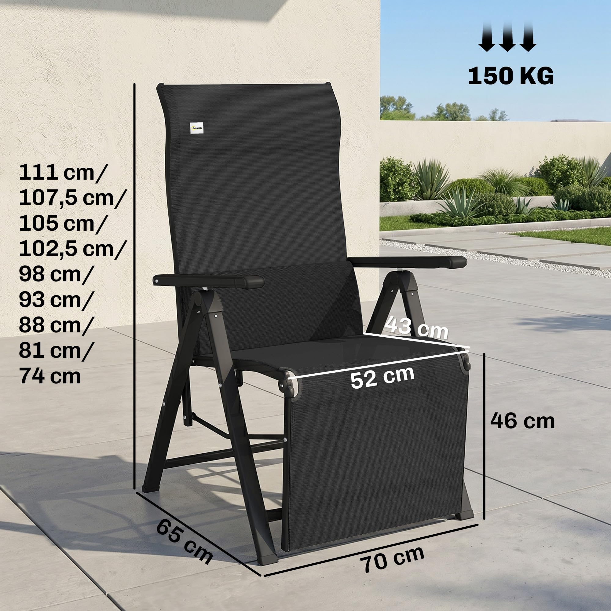 Outsunny Sedia a Sdraio Pieghevole Reclinabile, Poltrona Relax da Giardino con Schienale Regolabile in 9 Posizioni, Cuscino Lombare, per Giardino, Terrazza o Piscina, Nero